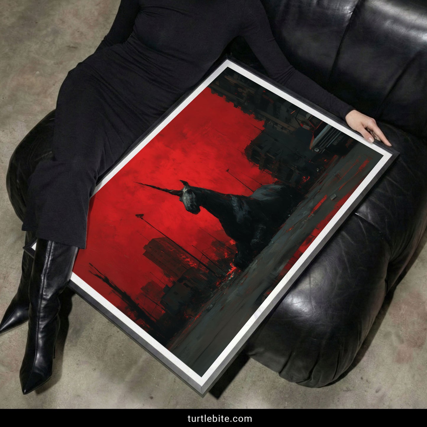 Gothic wall art of a massive black unicorn in a ruined urban landscape with crimson atmospheric background