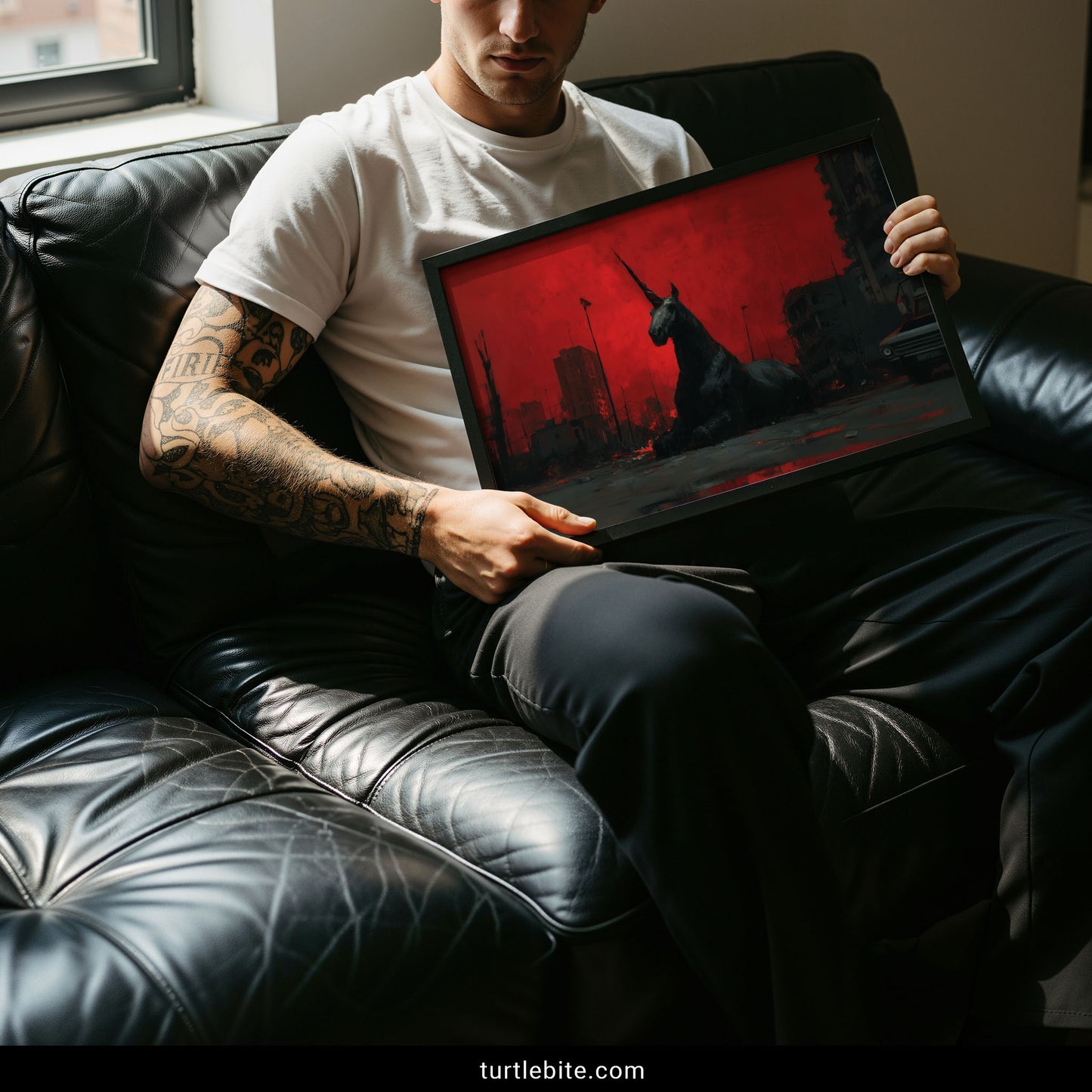 Moody dark art painting of an apocalyptic unicorn in devastated cityscape, oil-style print