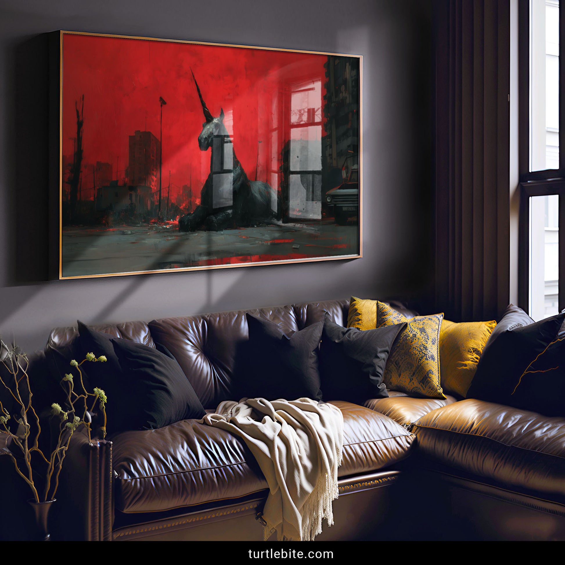 Dark unicorn poster showing a black unicorn resting in an apocalyptic city under a blood-red sky