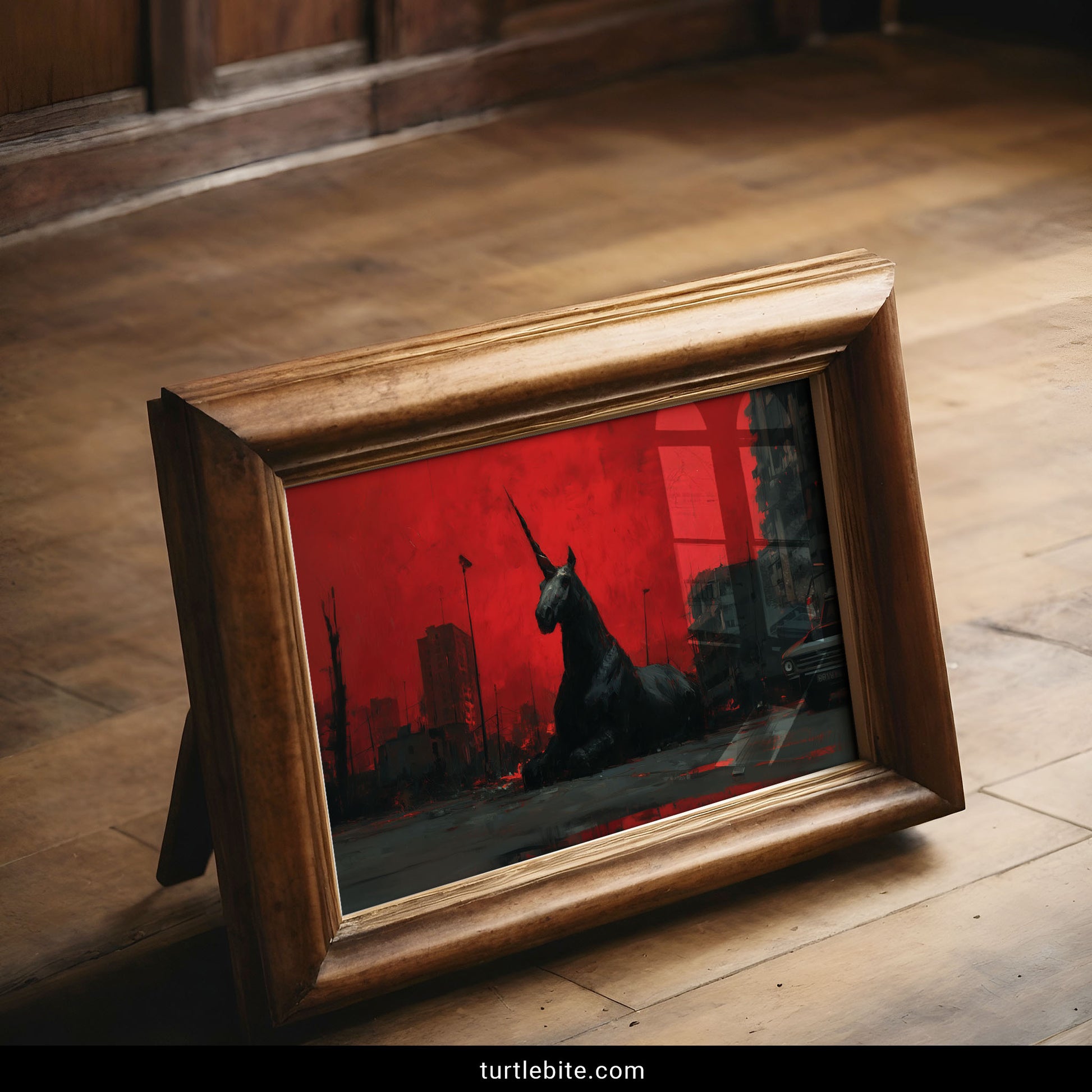 Surreal horror art print featuring a black unicorn amid destroyed city buildings and red sky