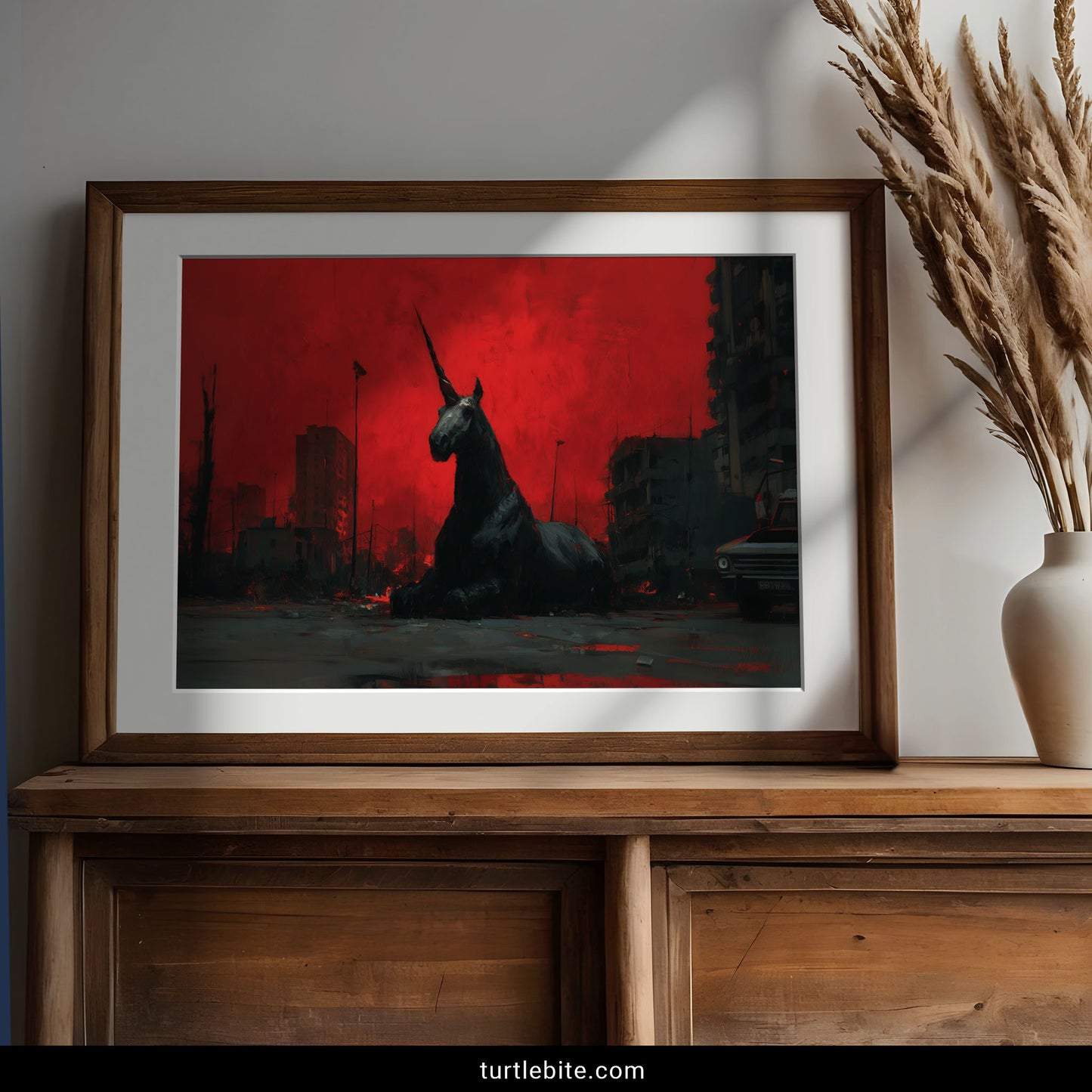 Unusual dark artwork depicting a black unicorn resting in post-apocalyptic ruins under red sky