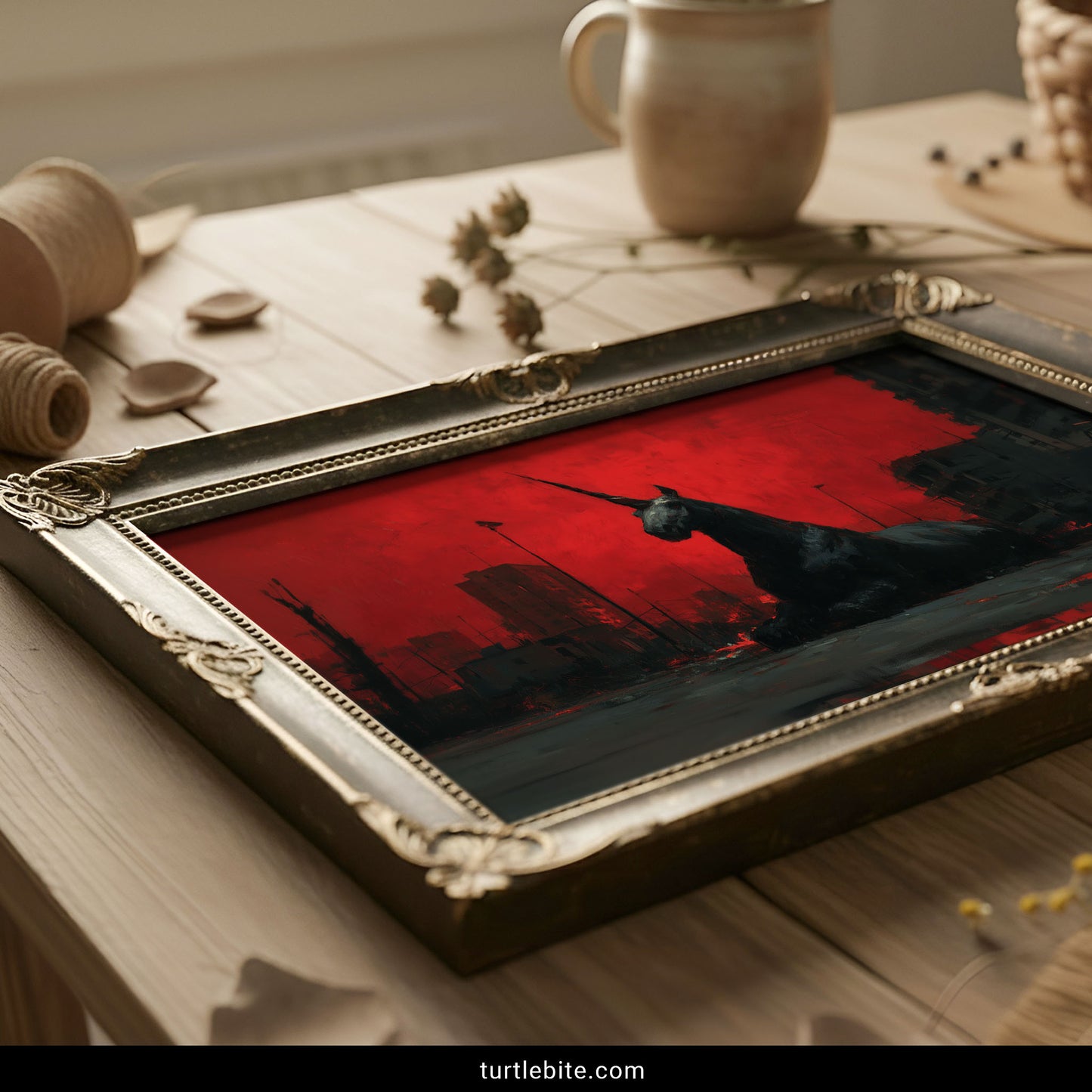 Surreal horror art print featuring a black unicorn amid destroyed city buildings and red sky