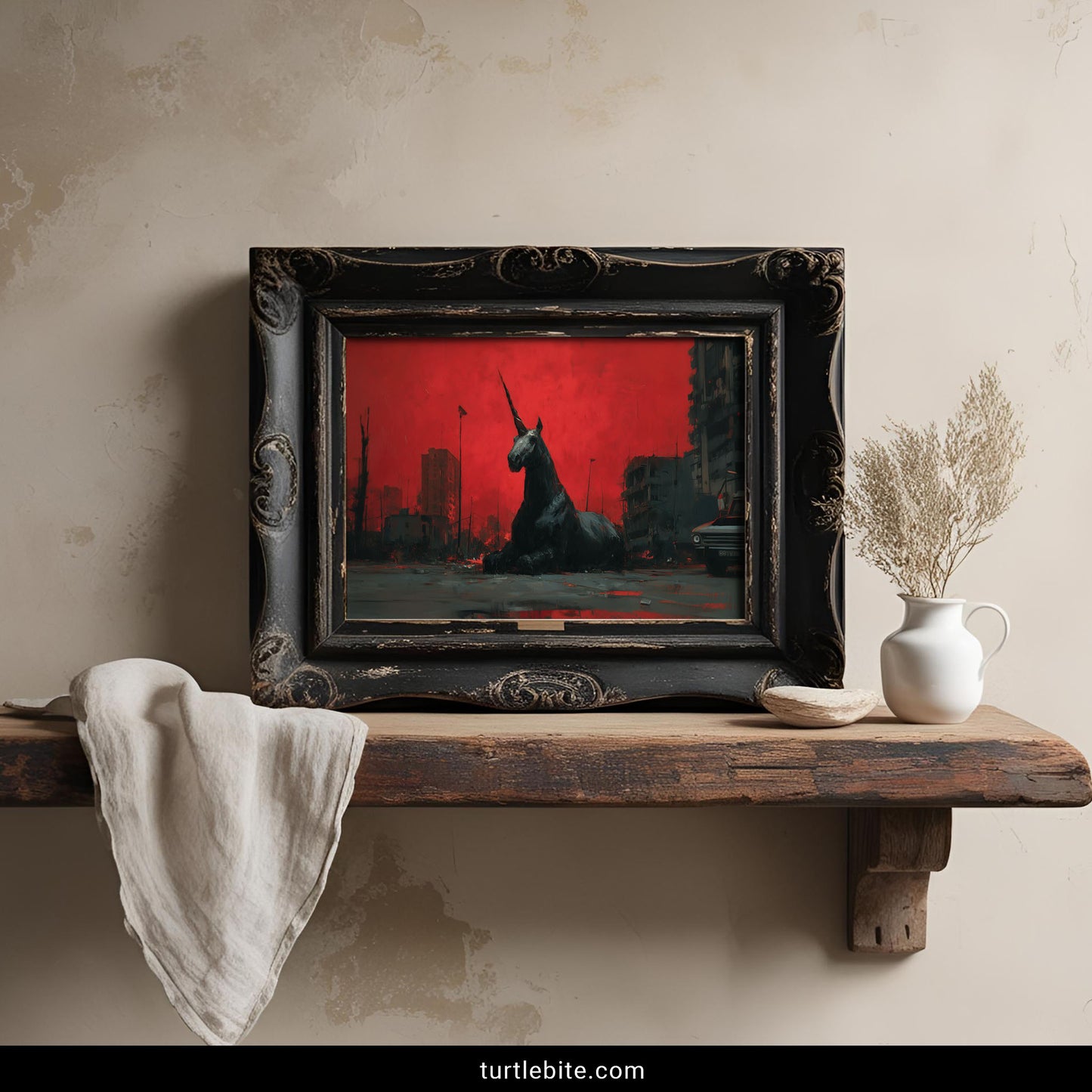 Unusual dark artwork depicting a black unicorn resting in post-apocalyptic ruins under red sky