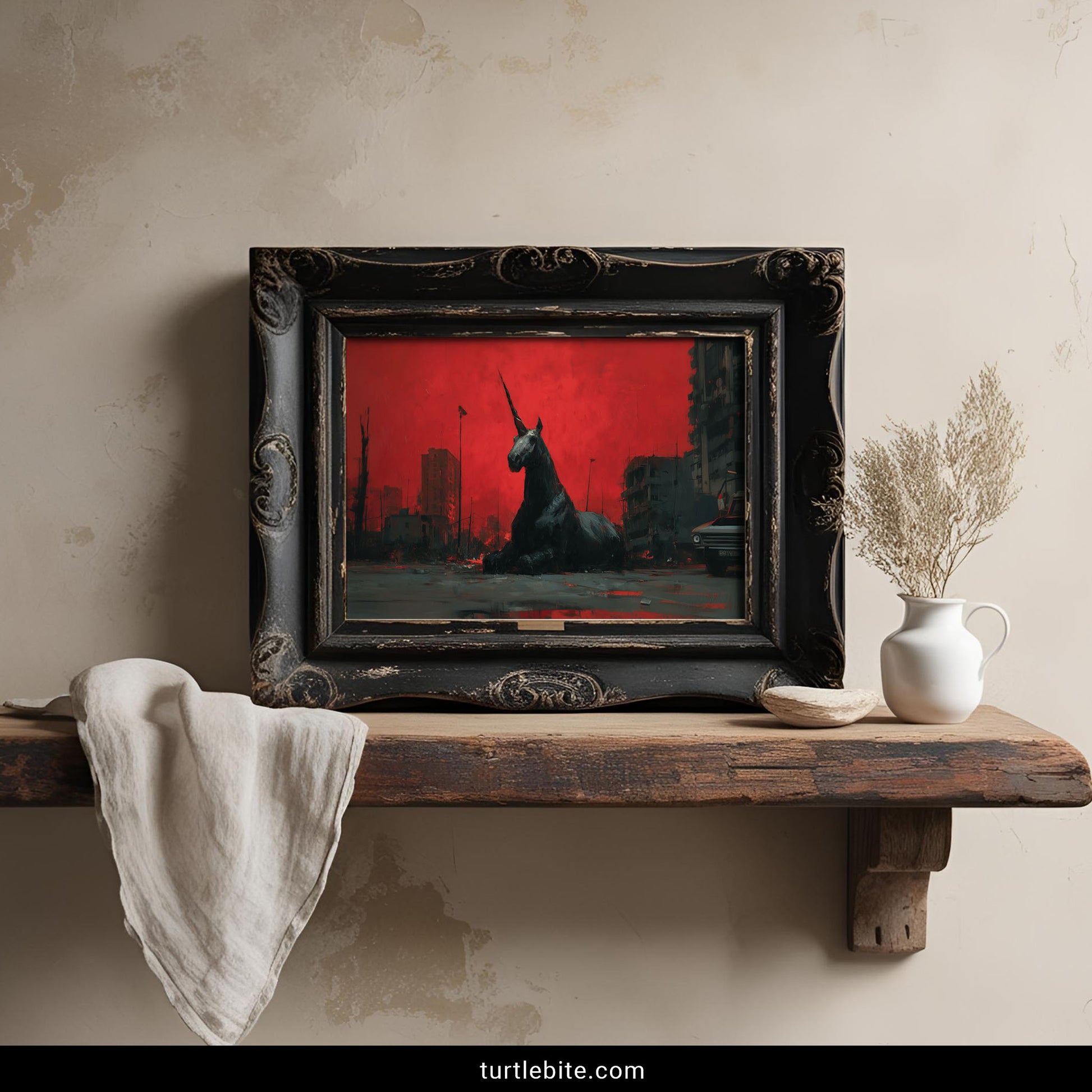 Unusual dark artwork depicting a black unicorn resting in post-apocalyptic ruins under red sky