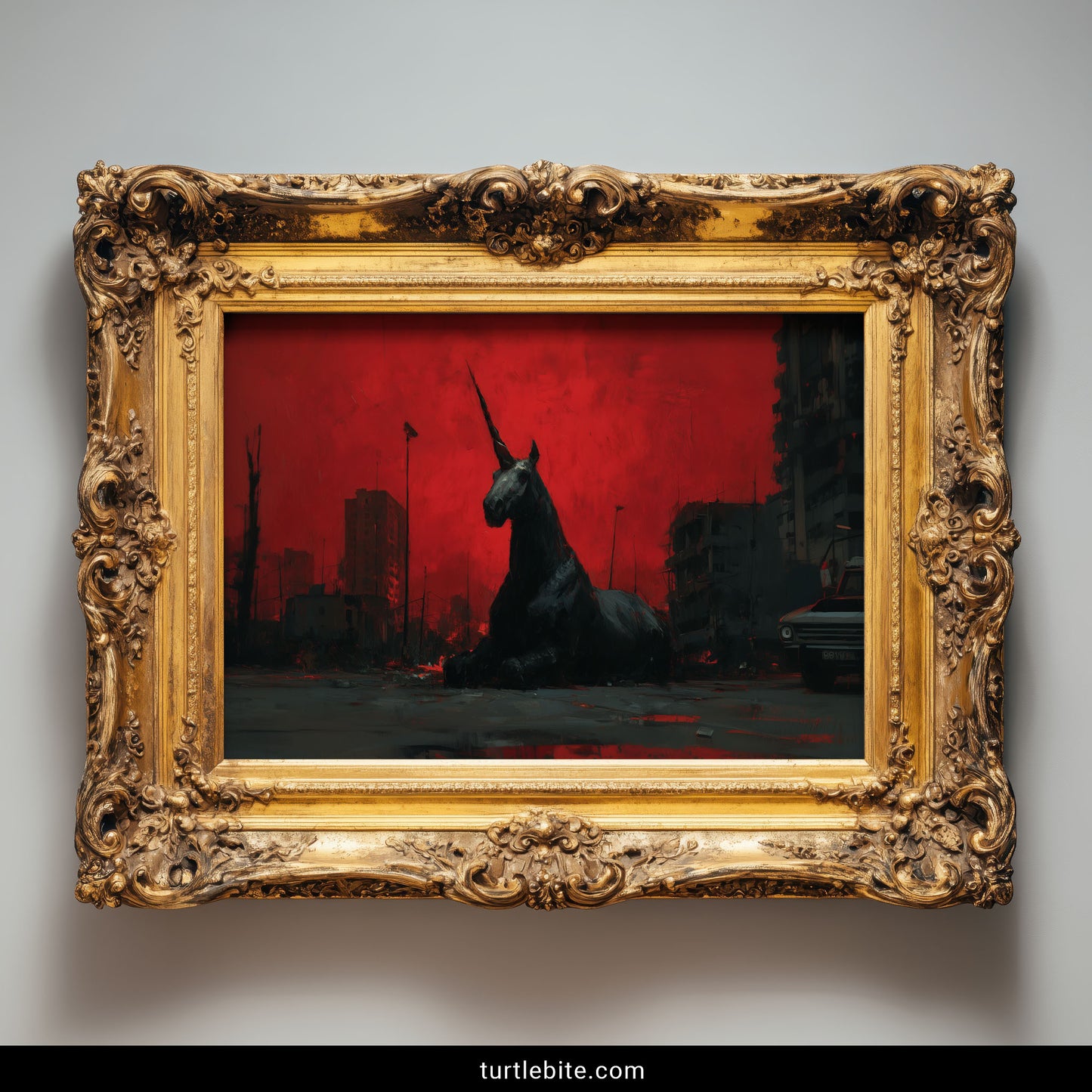 Gothic wall art of a massive black unicorn in a ruined urban landscape with crimson atmospheric background