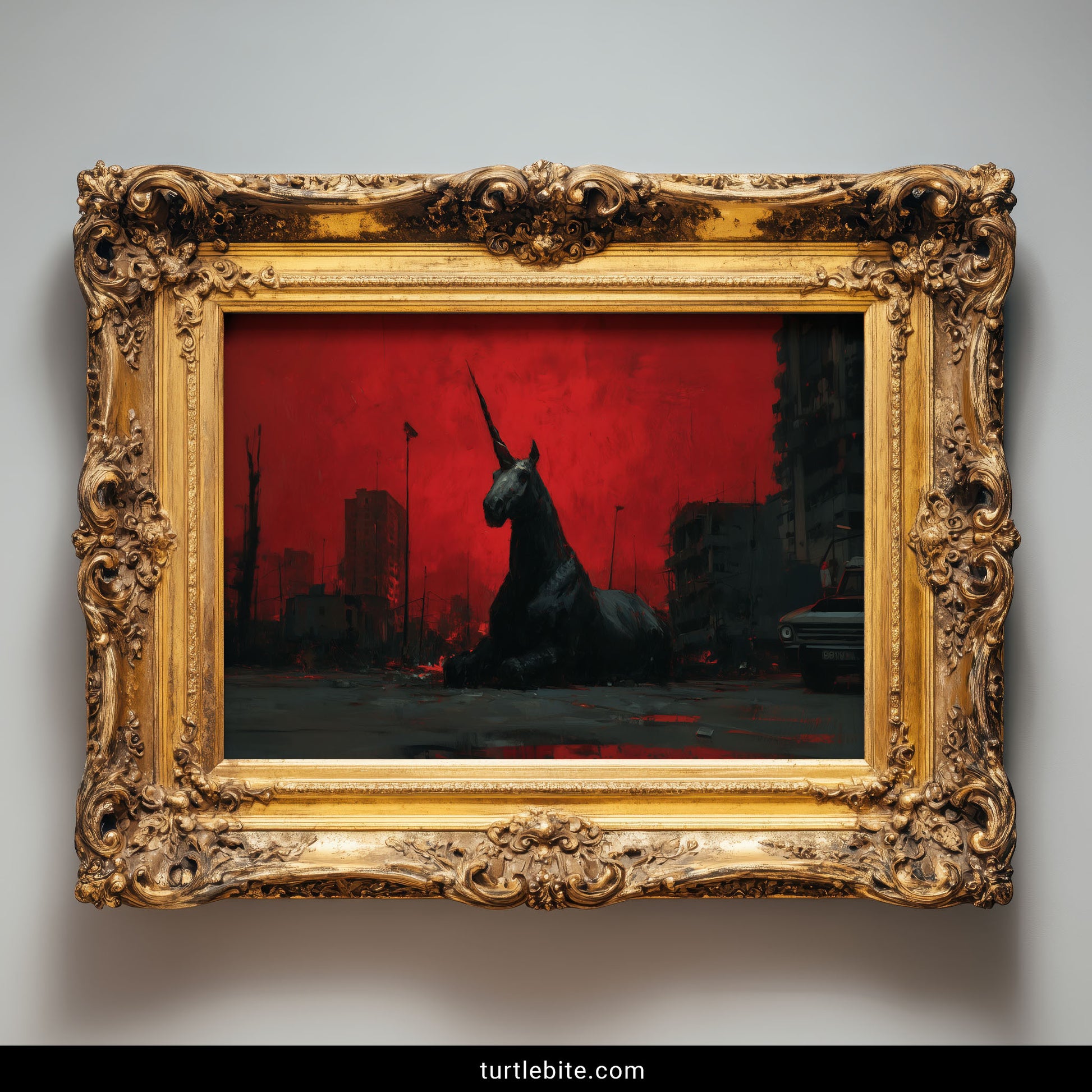 Gothic wall art of a massive black unicorn in a ruined urban landscape with crimson atmospheric background
