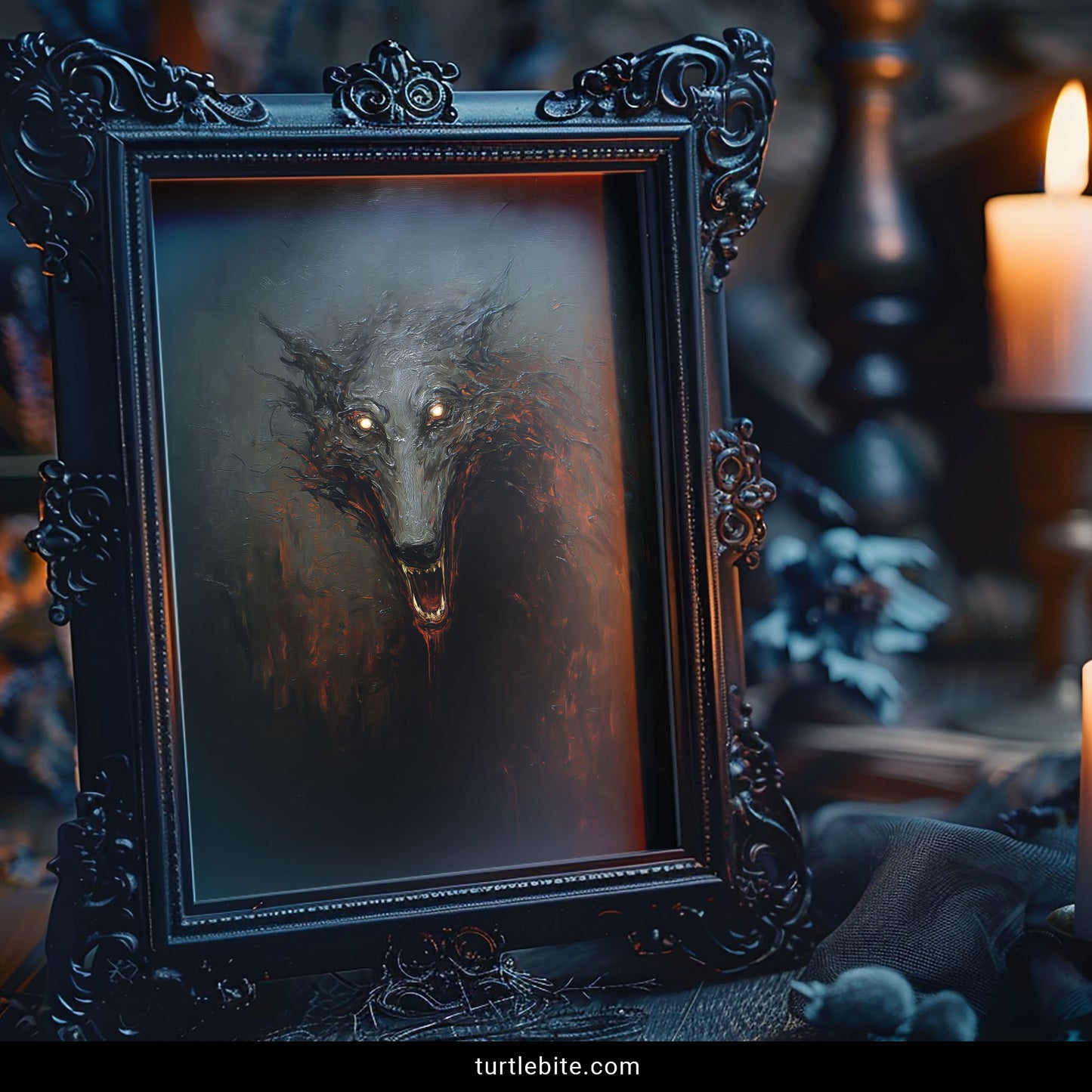 Nightmare beast wolf painting with storm gray background and blood-red accents horror art