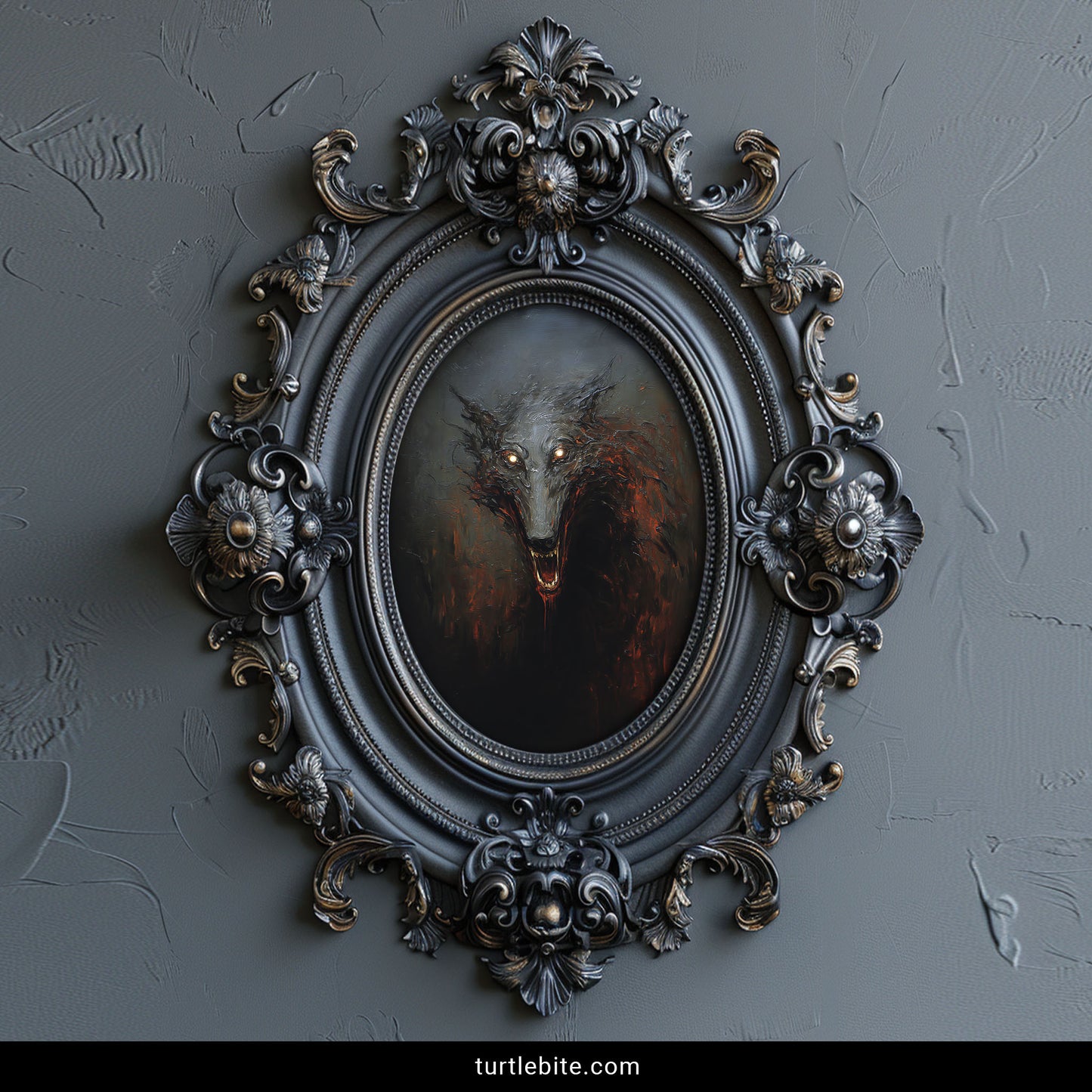 Gothic wolf monster art print featuring snarling fangs and haunting gaze dark souls aesthetic