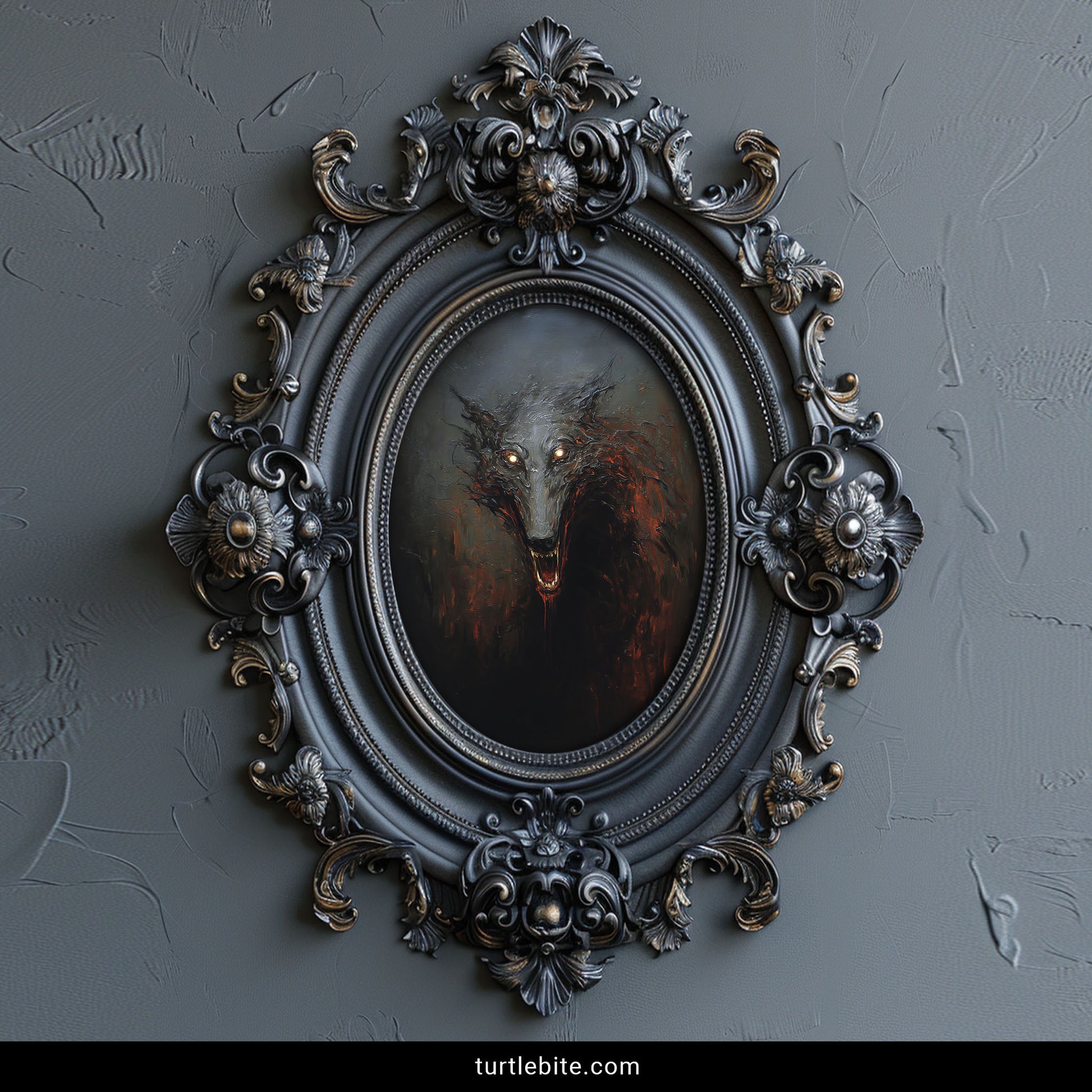 Gothic wolf monster art print featuring snarling fangs and haunting gaze dark souls aesthetic