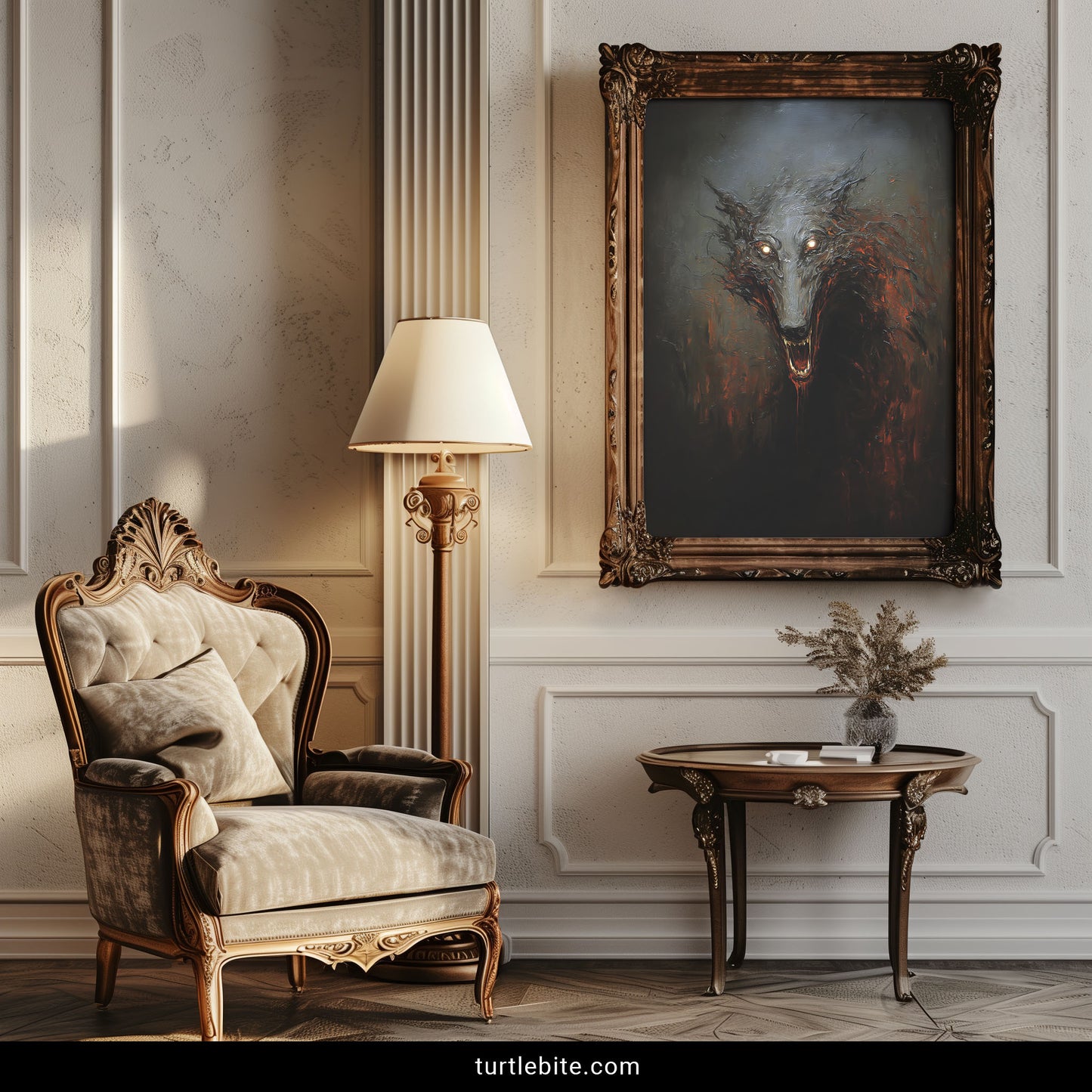 Demonic wolf creature poster print with textured brushwork and ember effects for dark wall decor