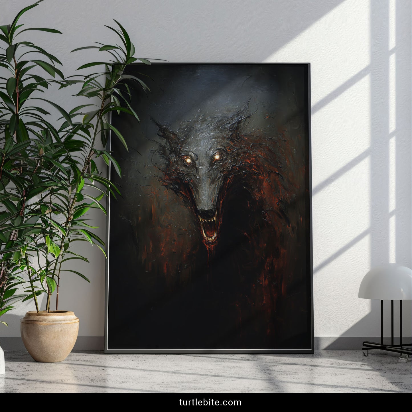 Gothic wolf monster art print featuring snarling fangs and haunting gaze dark souls aesthetic