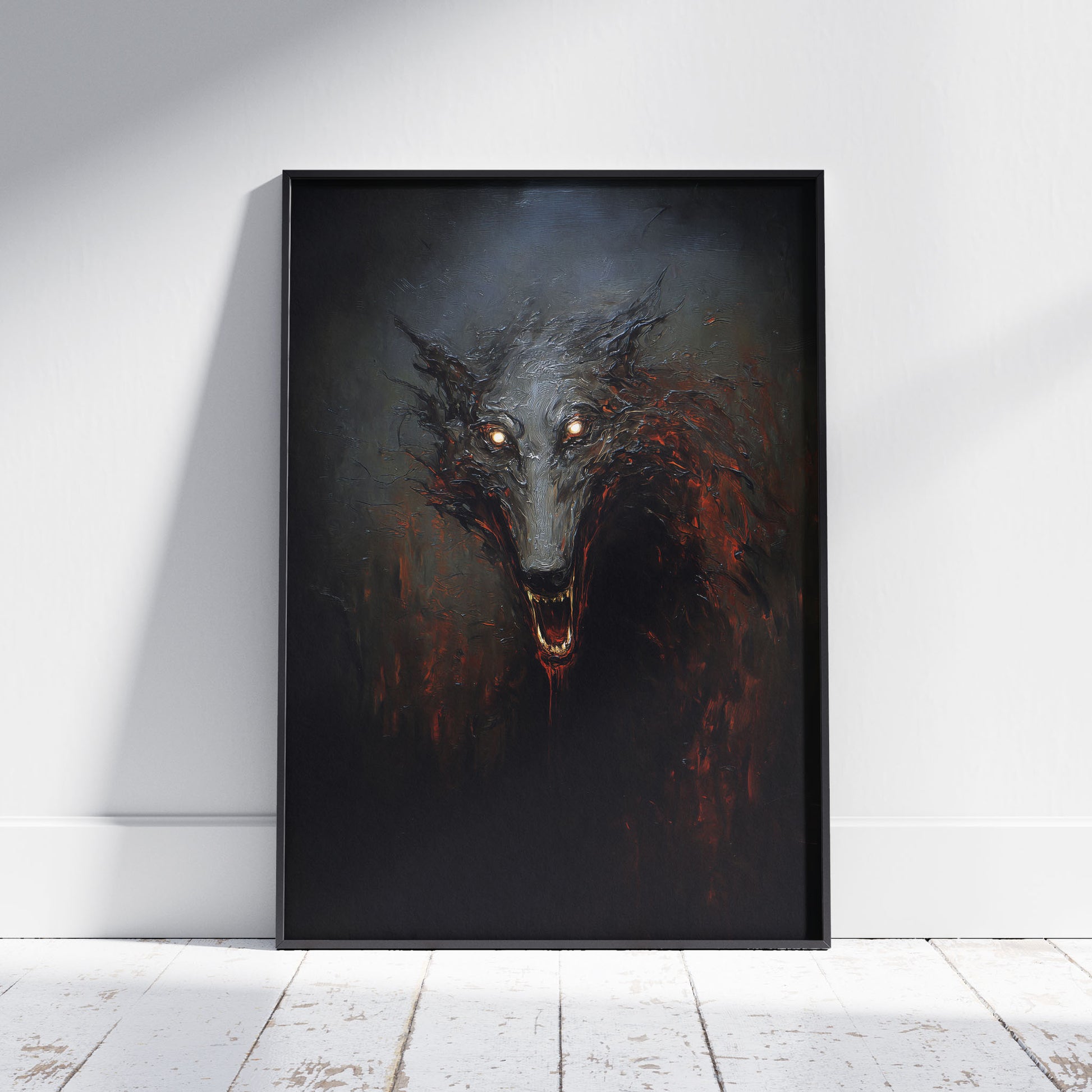 Dark fantasy wolf art with glowing amber eyes and dripping fangs in gothic horror style