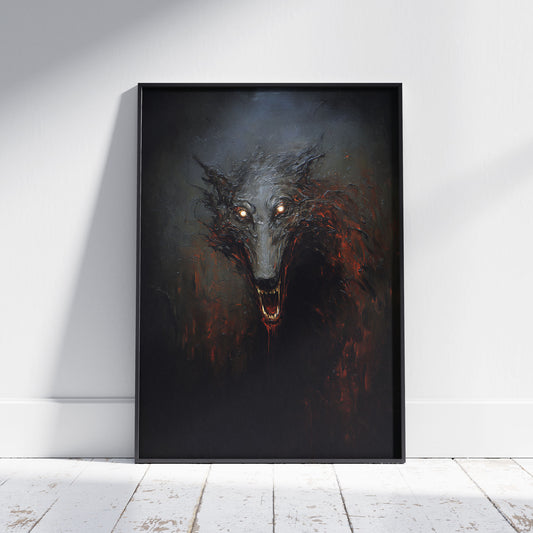 Dark fantasy wolf art with glowing amber eyes and dripping fangs in gothic horror style