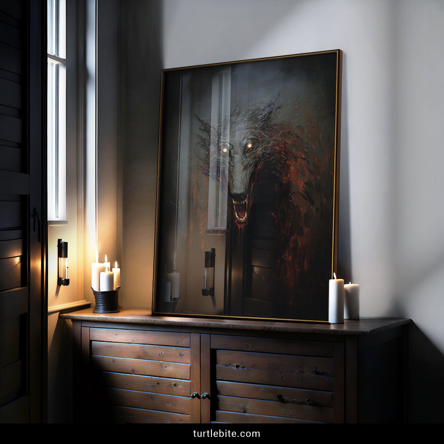 Nightmare beast wolf painting with storm gray background and blood-red accents horror art