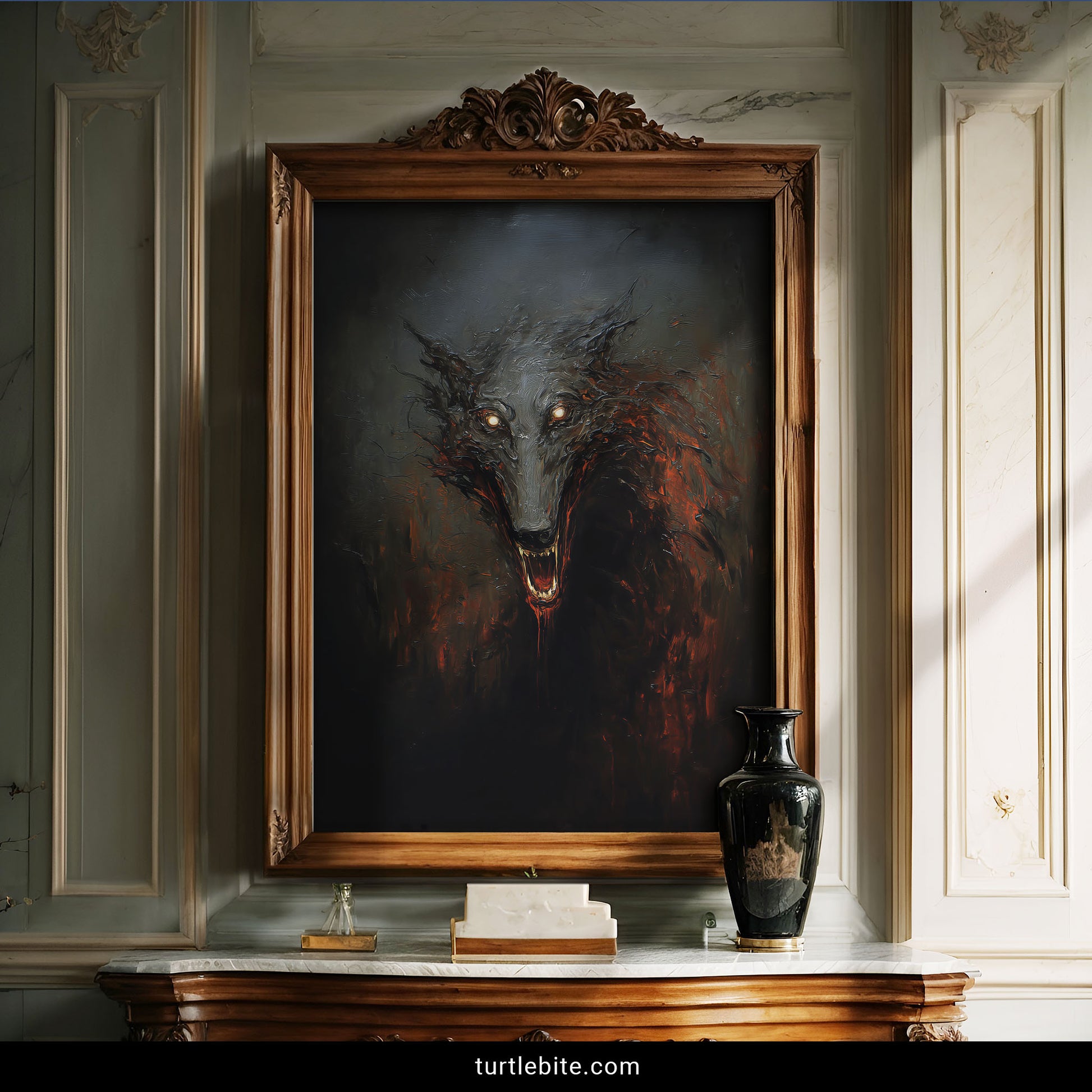 Horror fantasy wolf poster with swirling smoke effects and predatory creature design