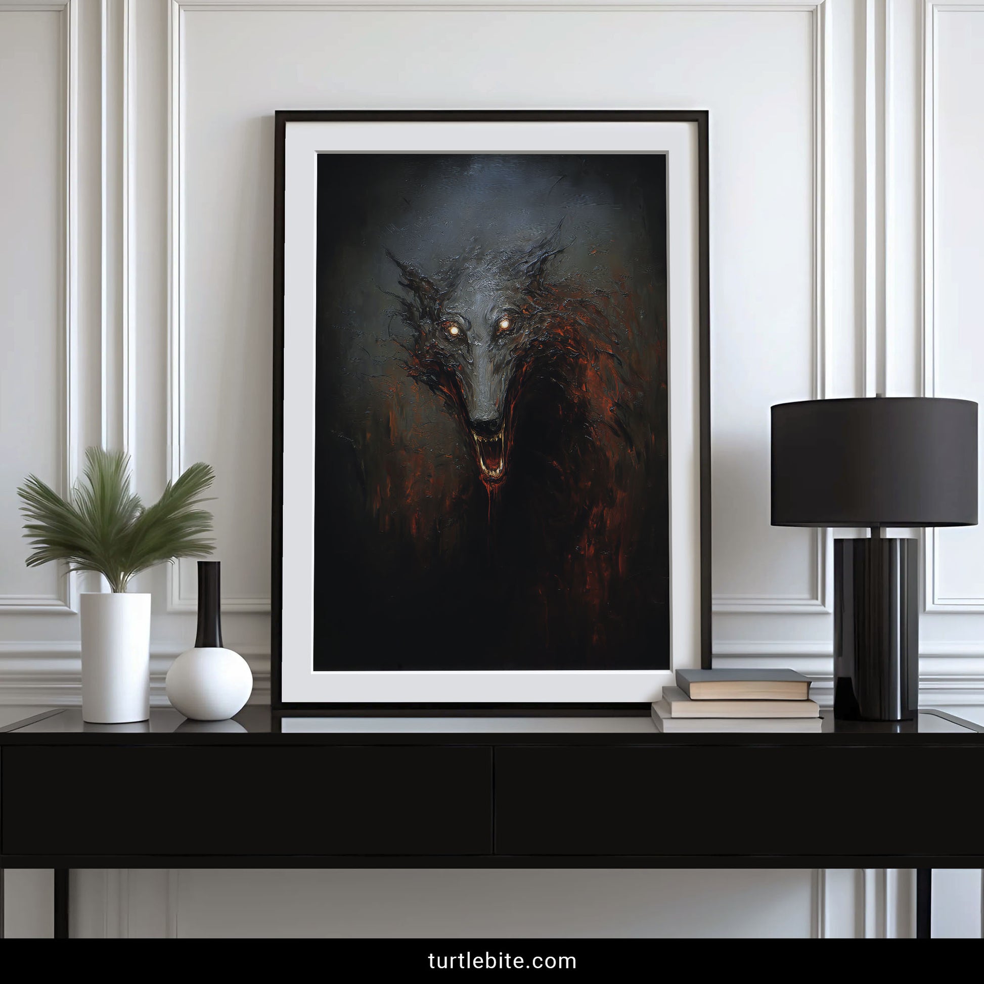 Demonic wolf creature poster print with textured brushwork and ember effects for dark wall decor