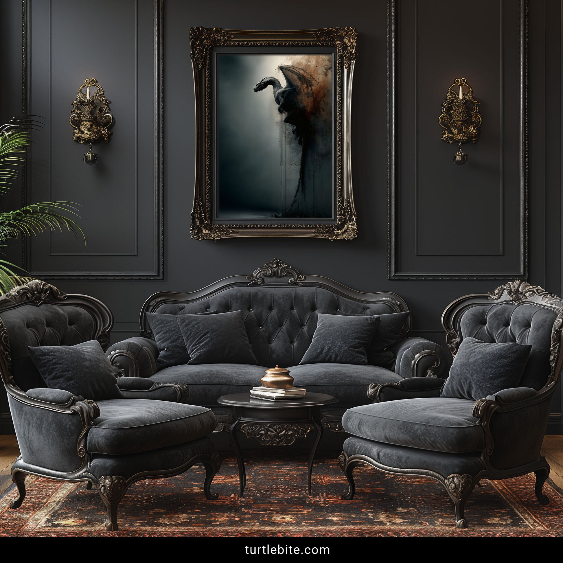 Dark dragon creature poster with detailed scales and weathered grunge background