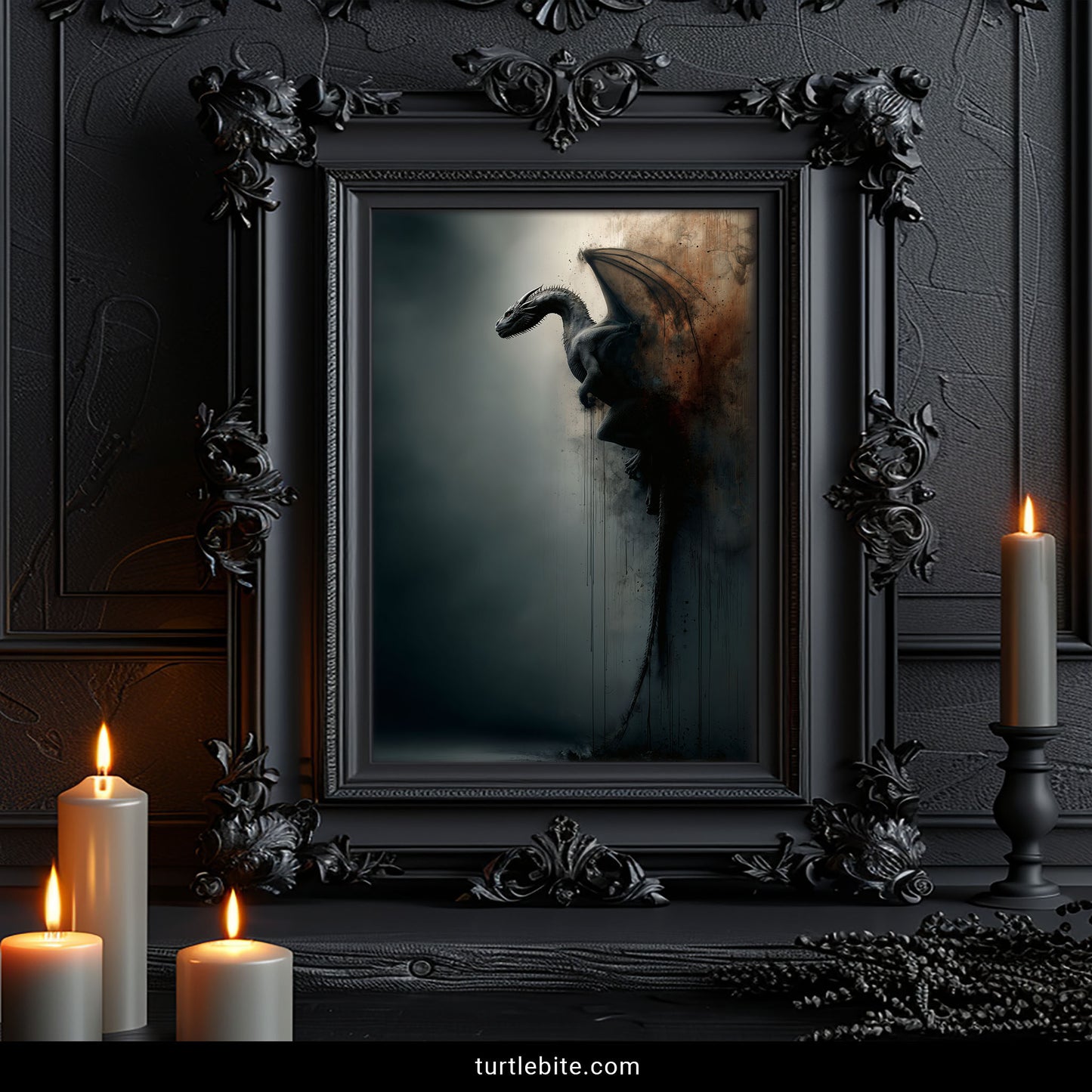 Gothic fantasy dragon art print with moody teal and copper color palette