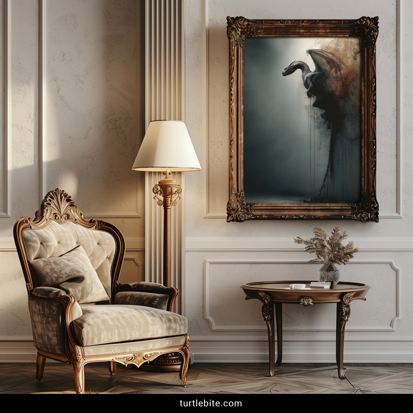 Dark dragon creature poster with detailed scales and weathered grunge background