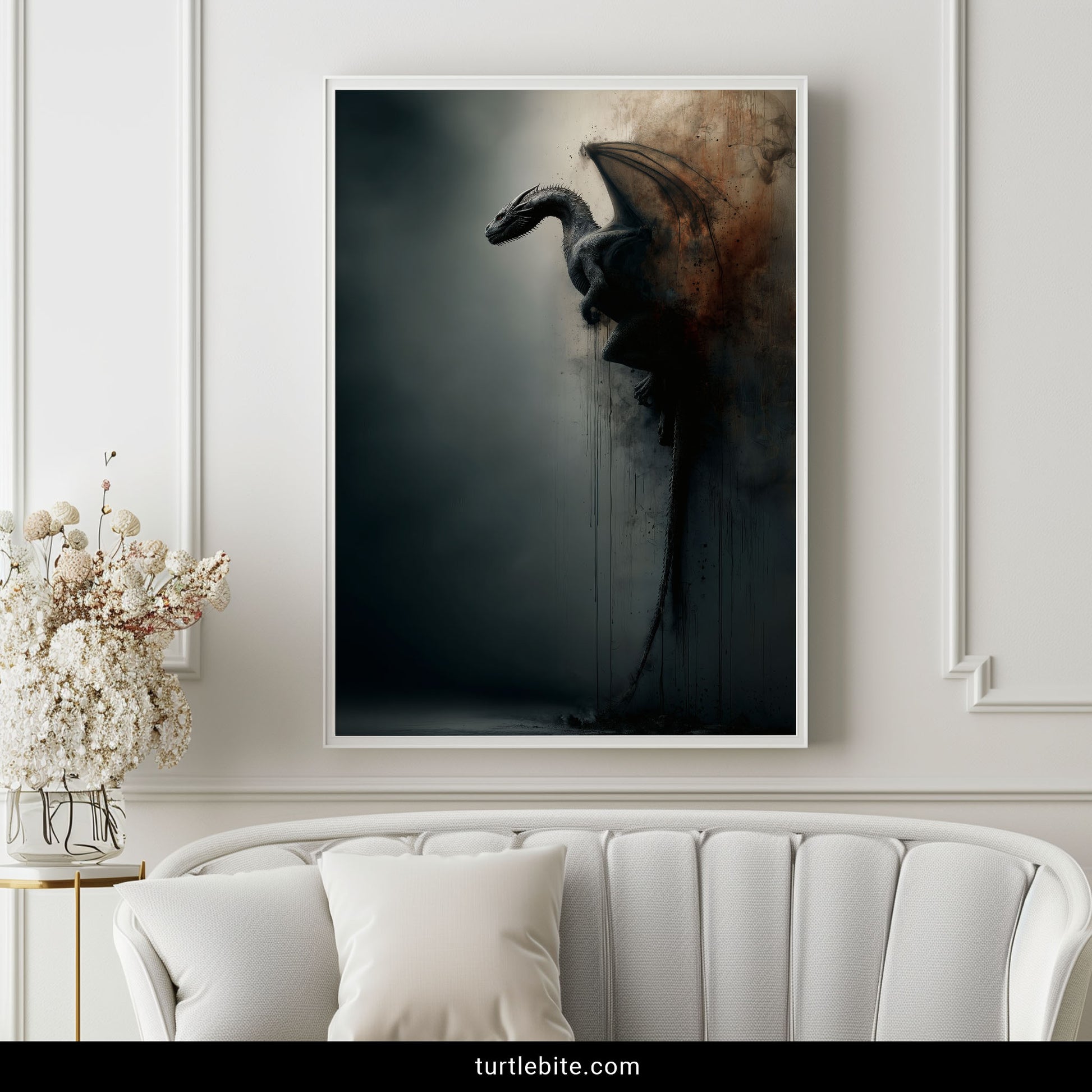 Atmospheric dragon gothic decor with urban decay aesthetic and dramatic lighting