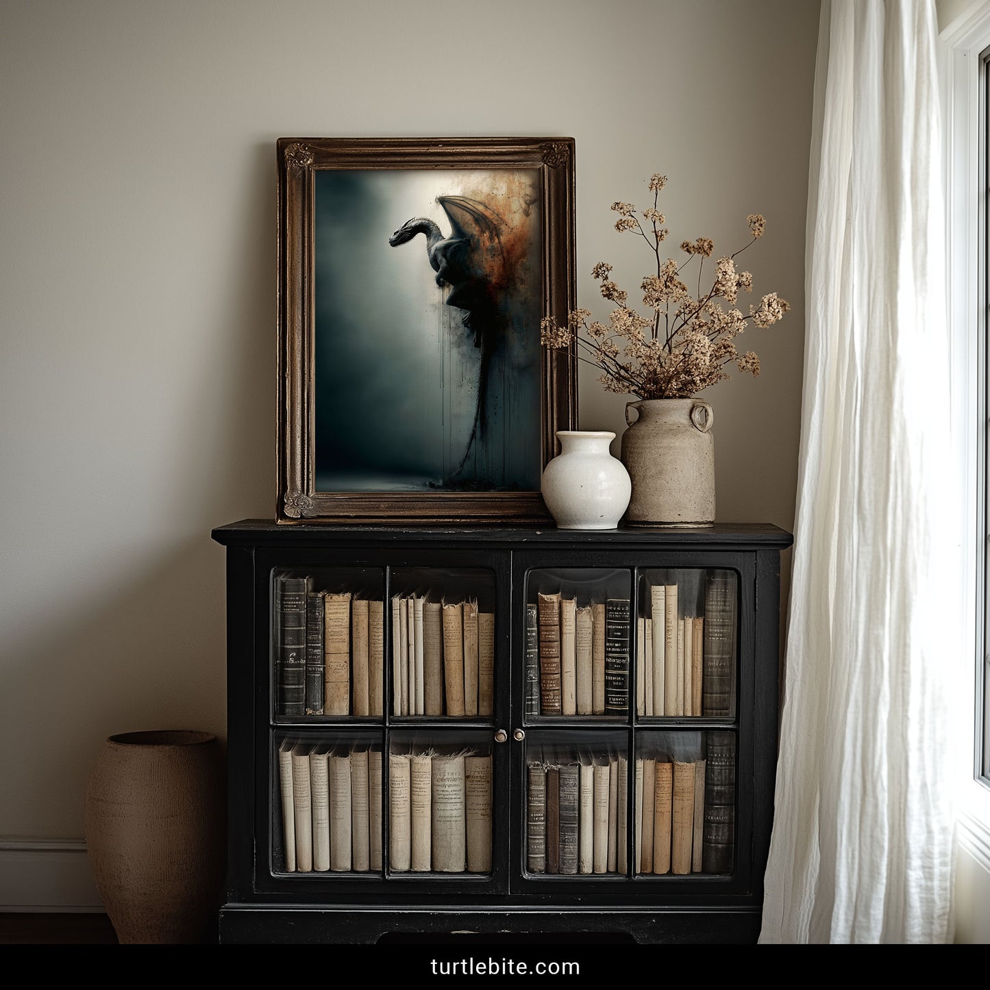 Medieval mythical beast wall art featuring black dragon on textured vintage surface