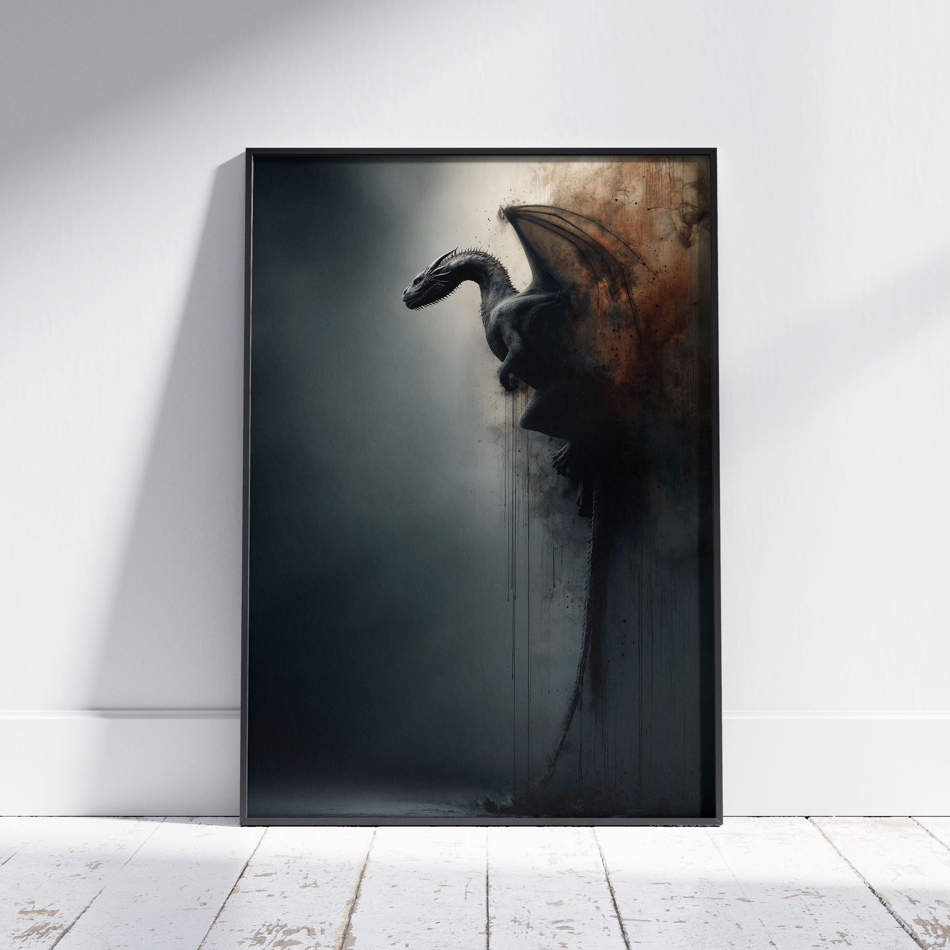 Black dragon emerging from distressed wall with rust textures and dripping paint effects
