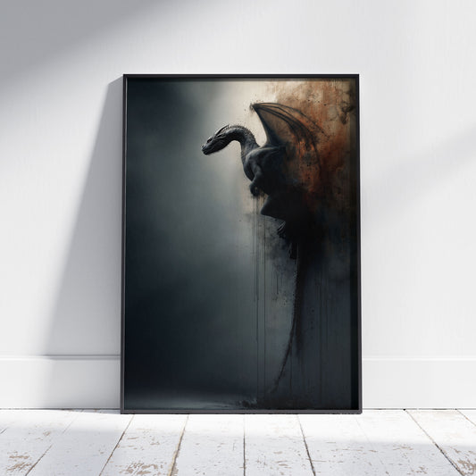 Black dragon emerging from distressed wall with rust textures and dripping paint effects