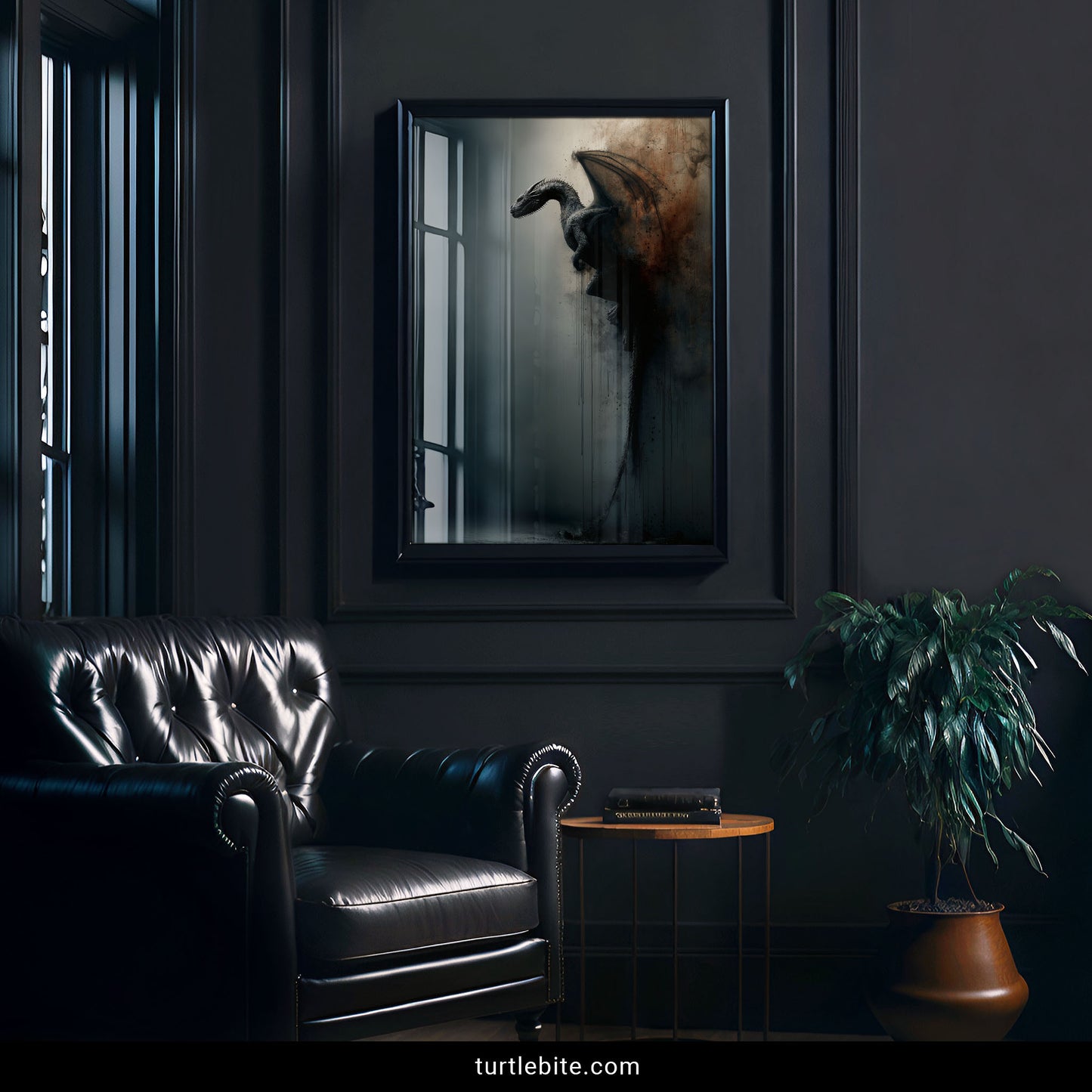 Medieval mythical beast wall art featuring black dragon on textured vintage surface