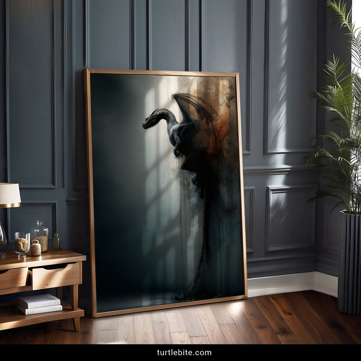 Gothic fantasy dragon art print with moody teal and copper color palette