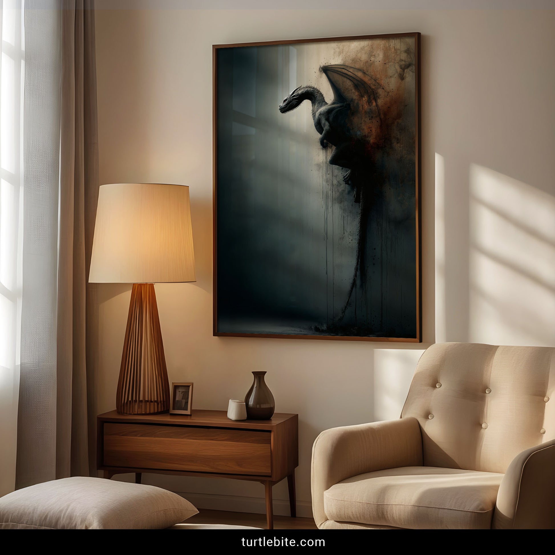 Atmospheric dragon gothic decor with urban decay aesthetic and dramatic lighting