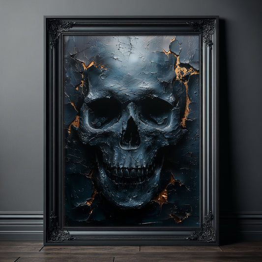 Eerie Dark Blue Skull Painting - Haunting Wall Art - Creepy Home Decor