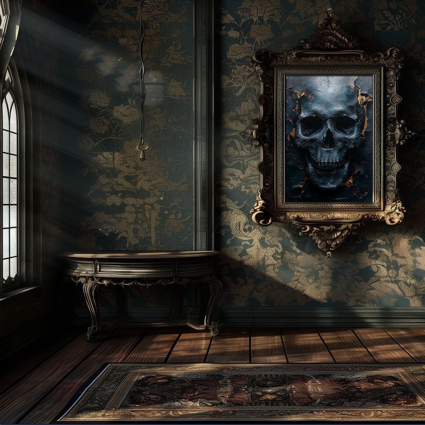 Eerie Dark Blue Skull Painting - Haunting Wall Art - Creepy Home Decor