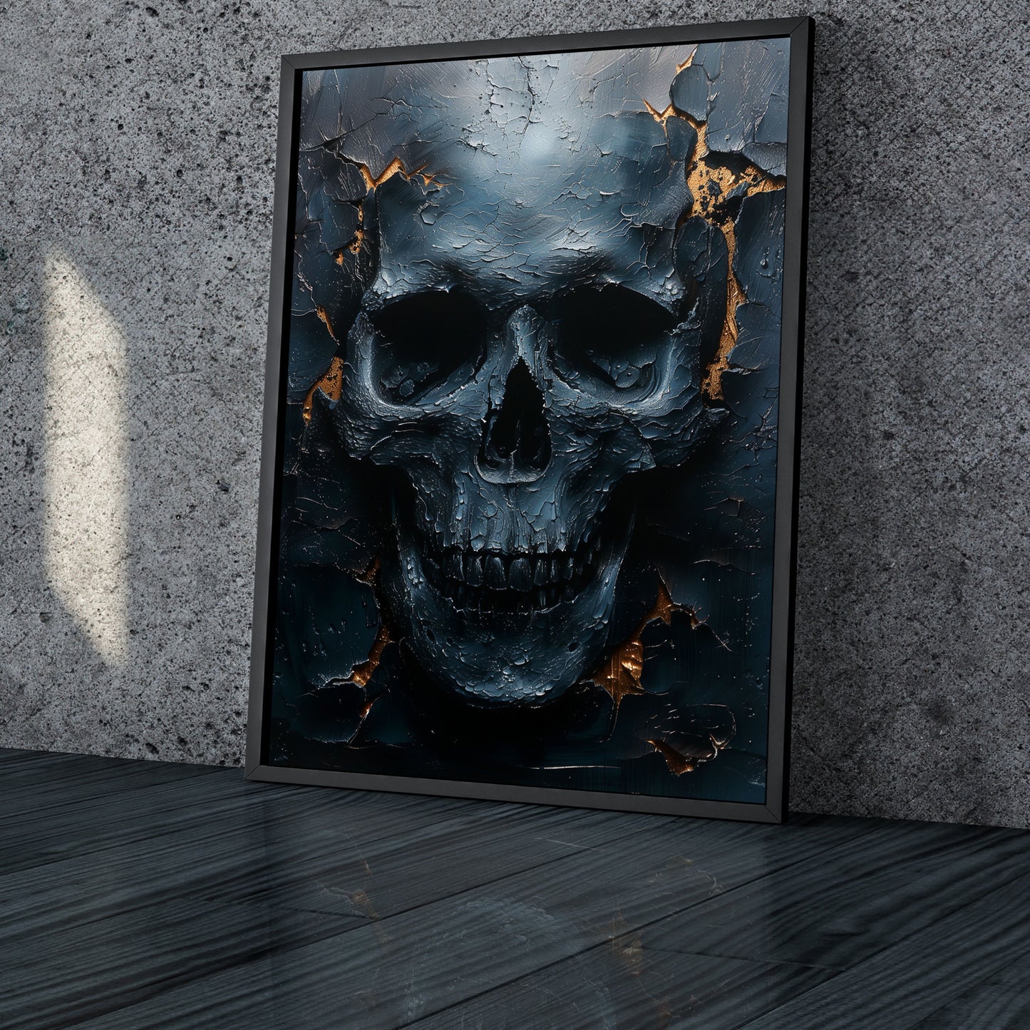 Eerie Dark Blue Skull Painting - Haunting Wall Art - Creepy Home Decor