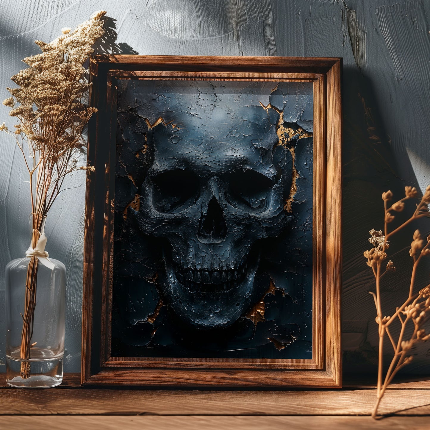 Eerie Dark Blue Skull Painting - Haunting Wall Art - Creepy Home Decor
