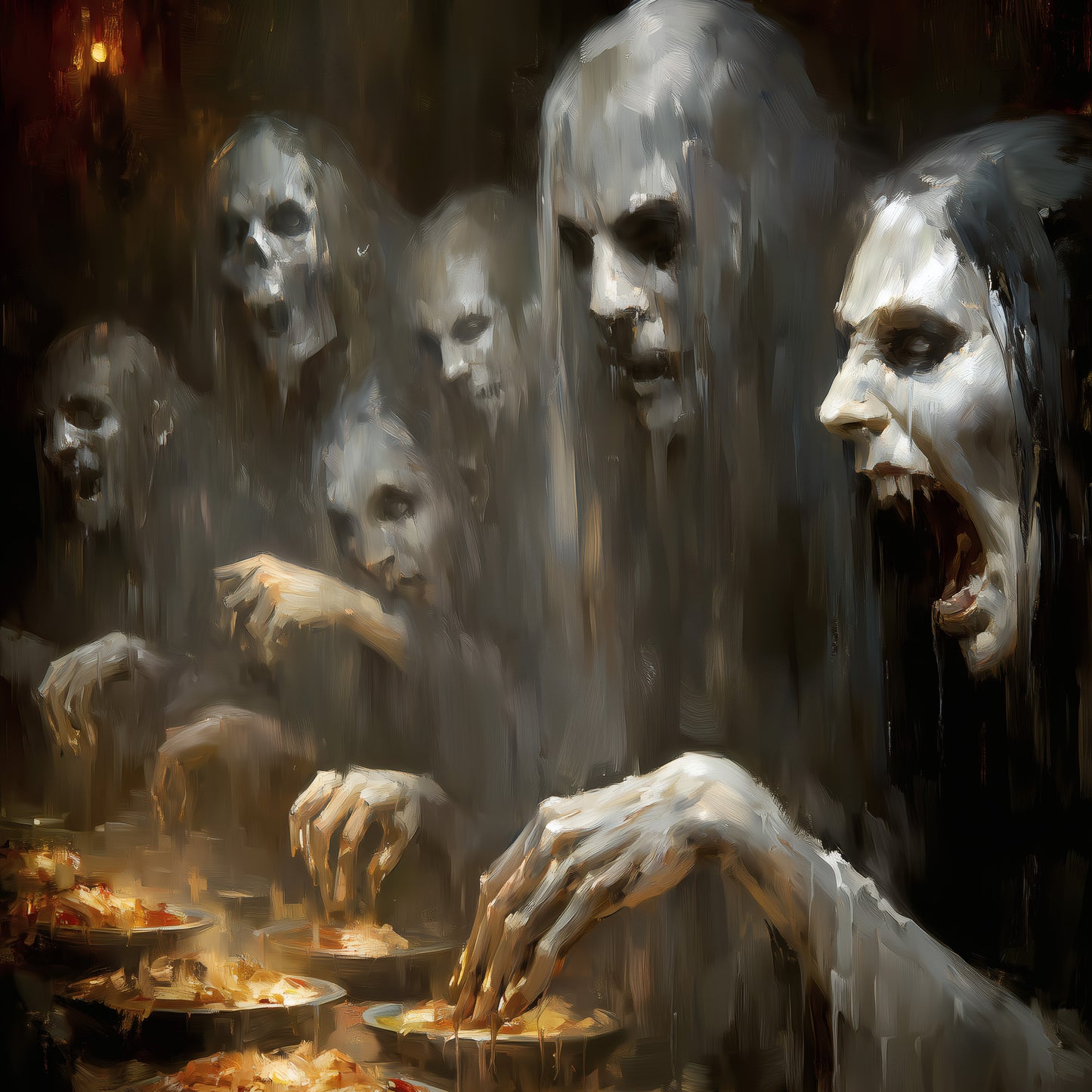 Ghostly figures reaching toward plates of food in atmospheric dark art painting with candlelit gothic ambiance