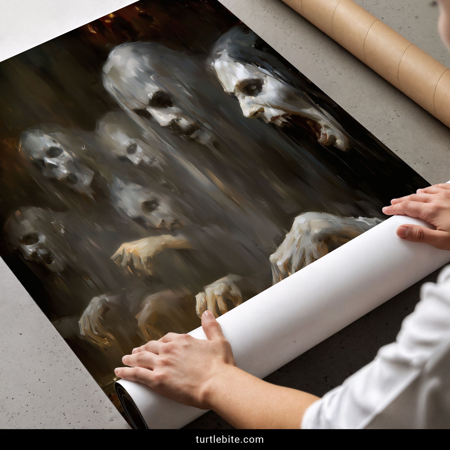 Creepy supernatural poster featuring ghostly congregation dining in atmospheric horror art with warm and cool tones