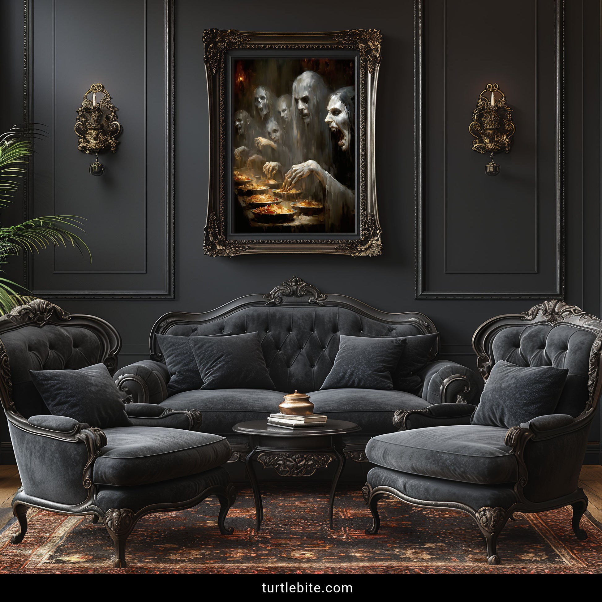 Haunting specter feast print showing translucent phantoms gathered around ethereal dinner in moody horror artwork