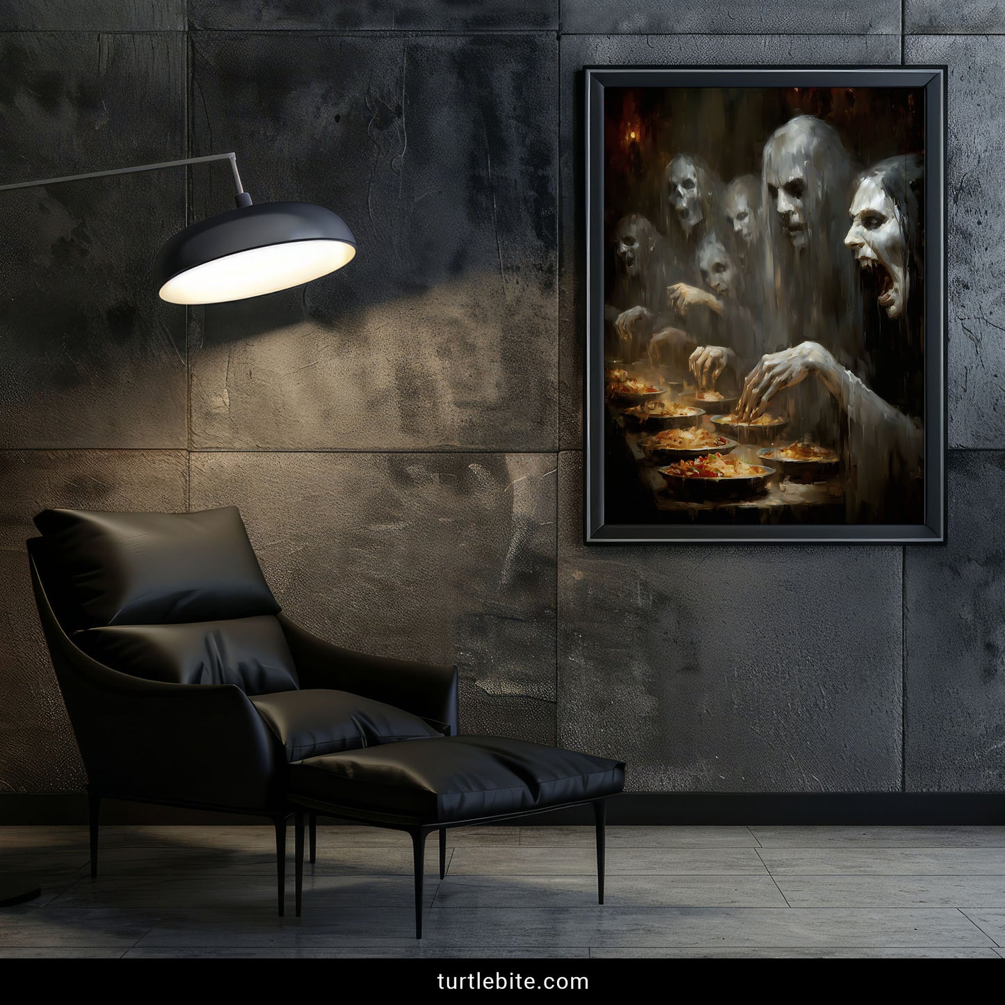 Macabre ghost art depicting supernatural entities at eerie banquet table in painterly dark fantasy style