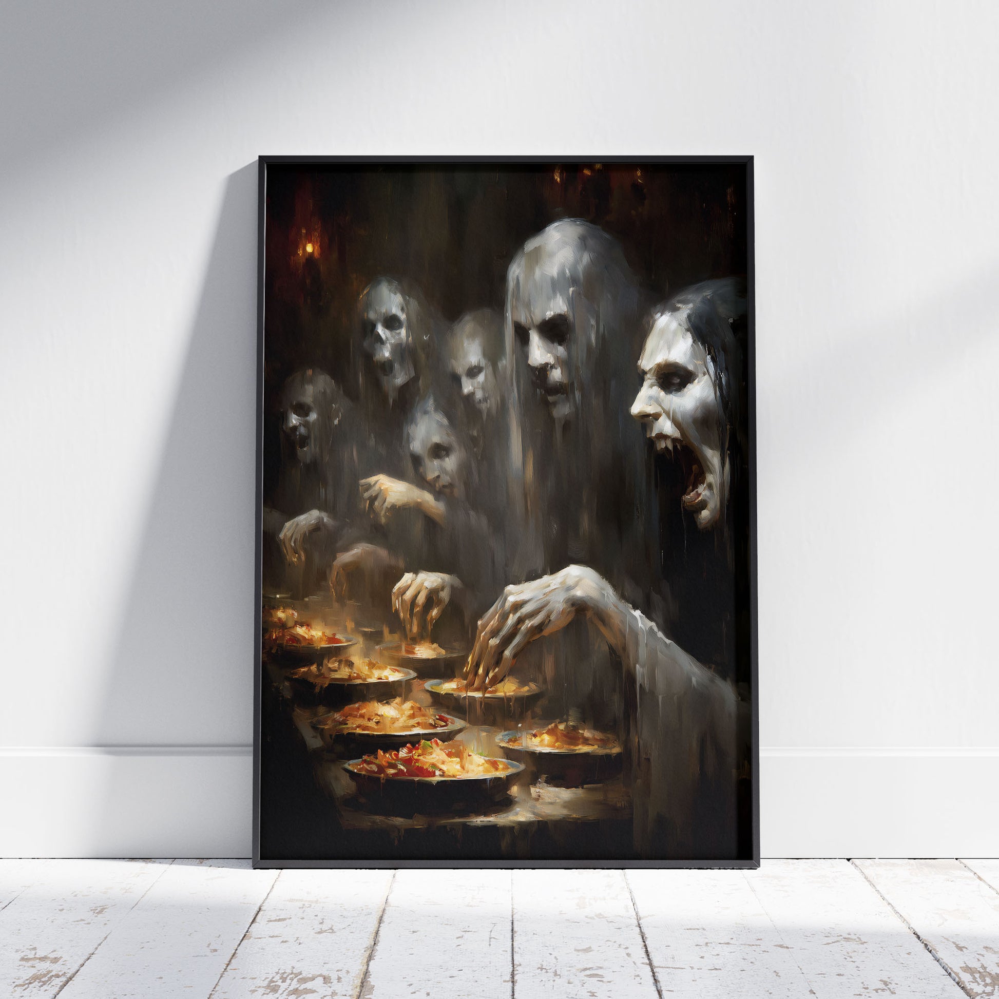 Ghostly figures reaching toward plates of food in atmospheric dark art painting with candlelit gothic ambiance