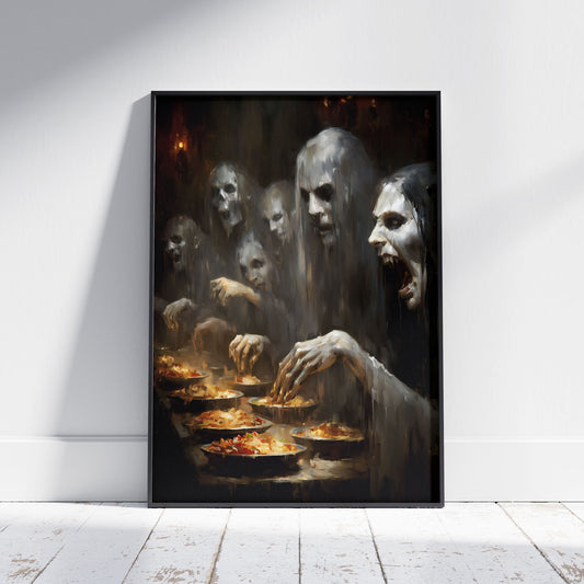 Ghostly figures reaching toward plates of food in atmospheric dark art painting with candlelit gothic ambiance