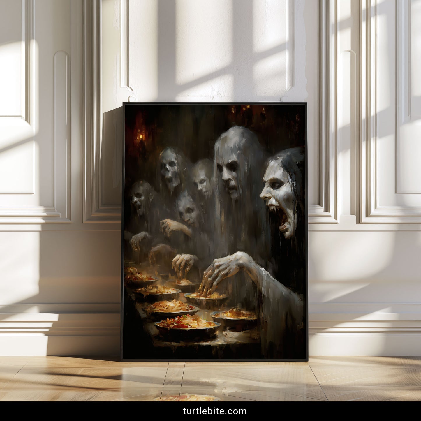 Gothic wall art print of hollow-eyed specters feasting in shadowy candlelit scene with oil painting aesthetic