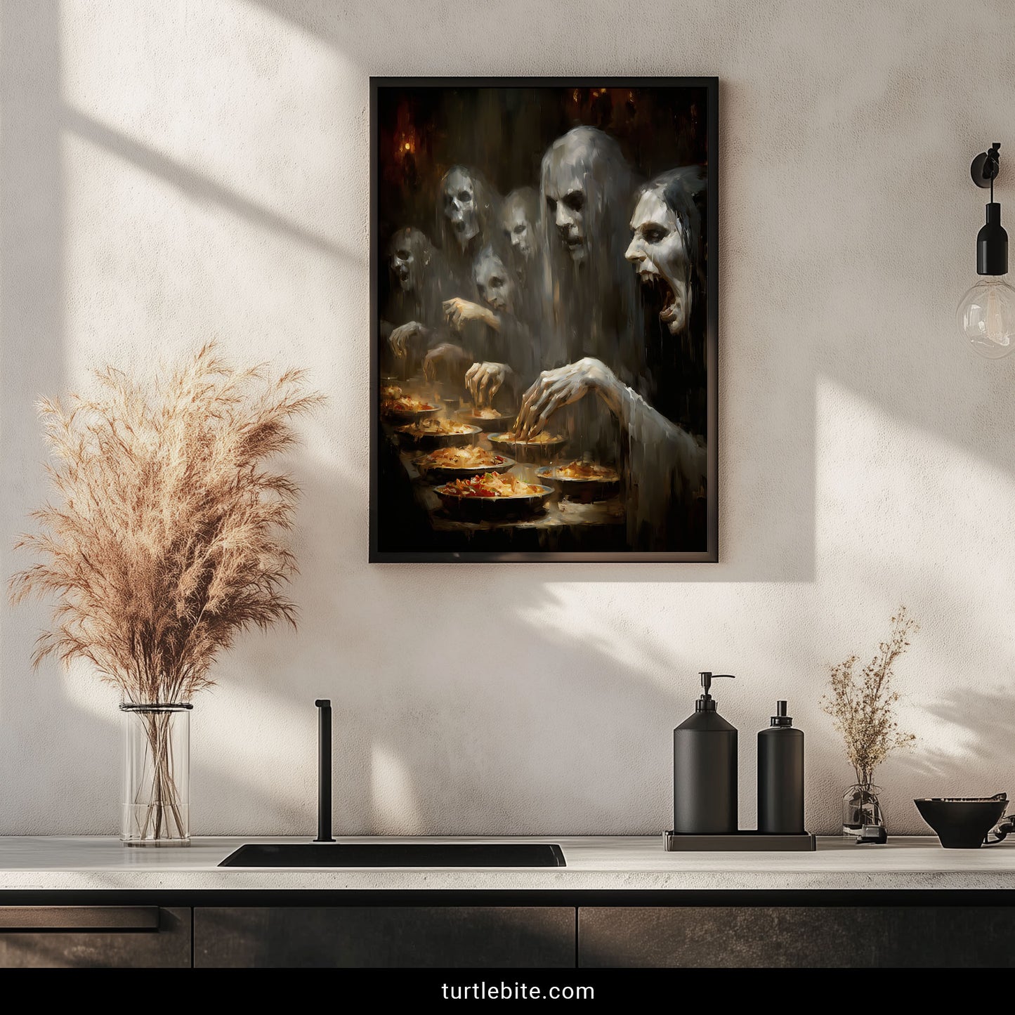 Gothic wall art print of hollow-eyed specters feasting in shadowy candlelit scene with oil painting aesthetic