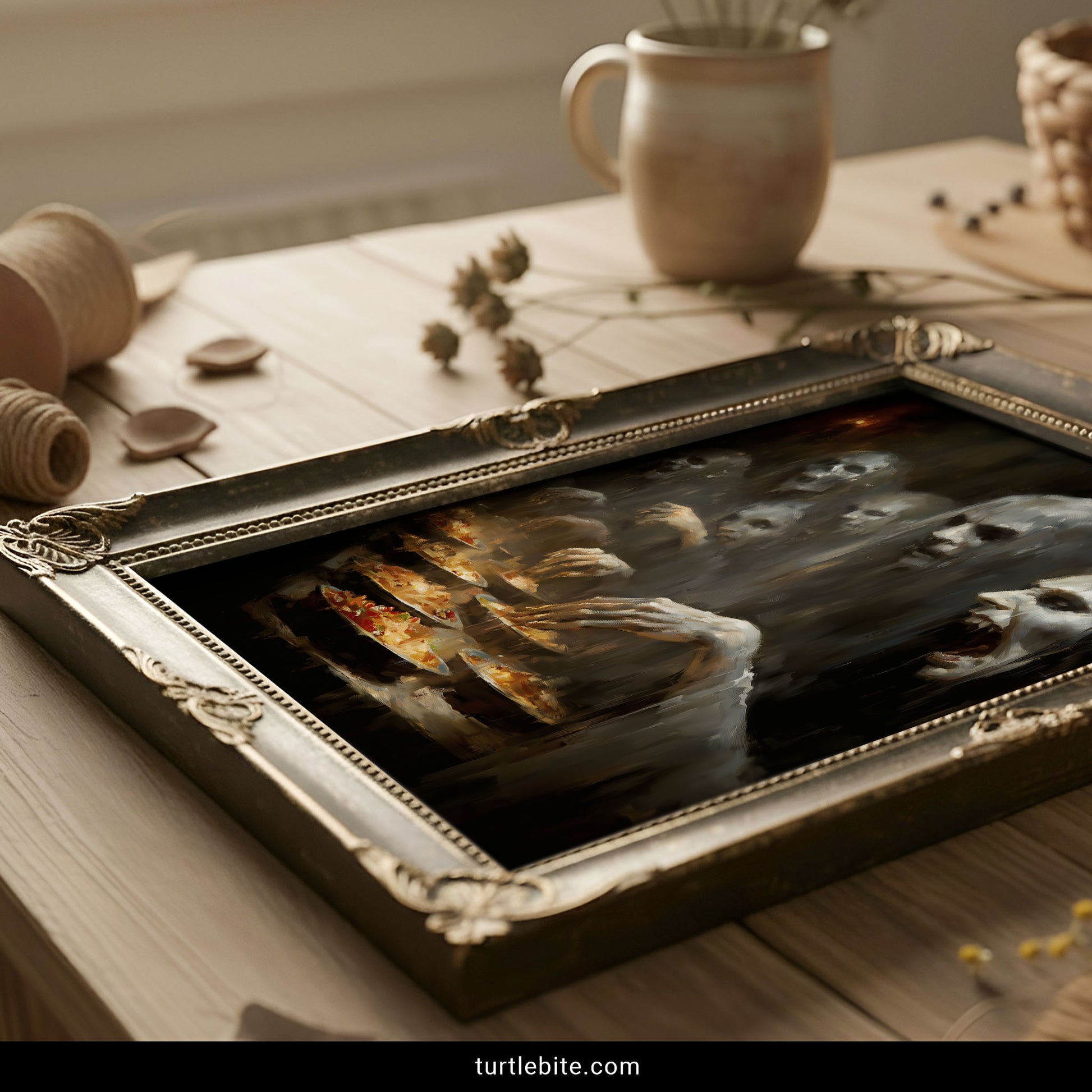 Macabre ghost art depicting supernatural entities at eerie banquet table in painterly dark fantasy style
