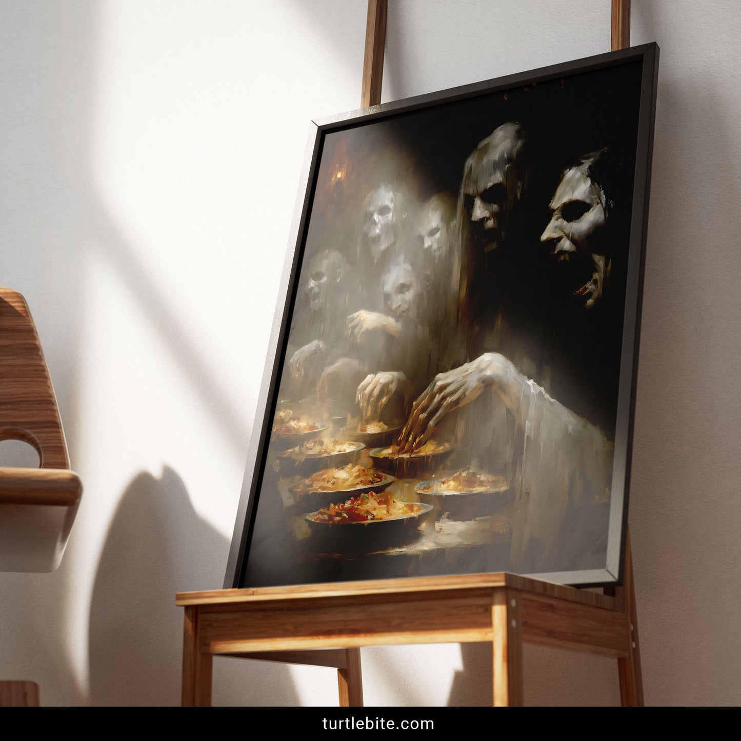 Creepy supernatural poster featuring ghostly congregation dining in atmospheric horror art with warm and cool tones