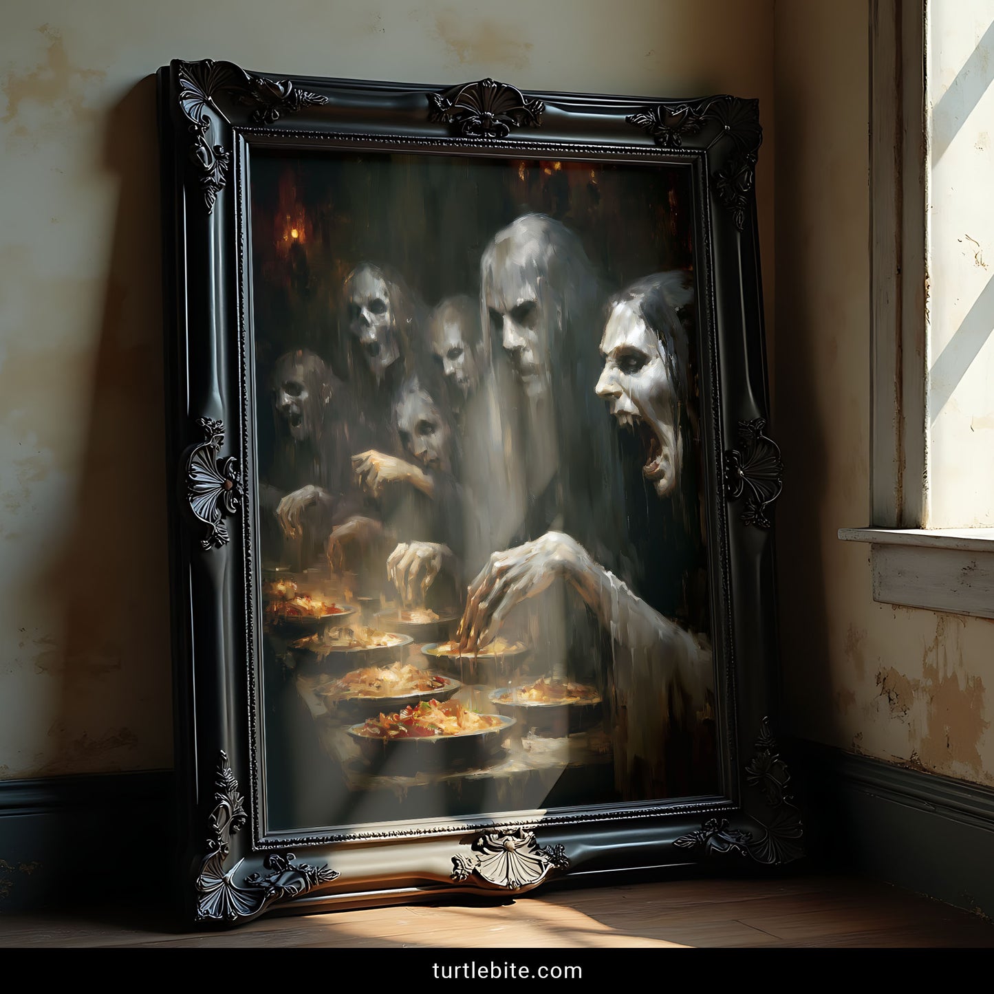 Creepy supernatural poster featuring ghostly congregation dining in atmospheric horror art with warm and cool tones