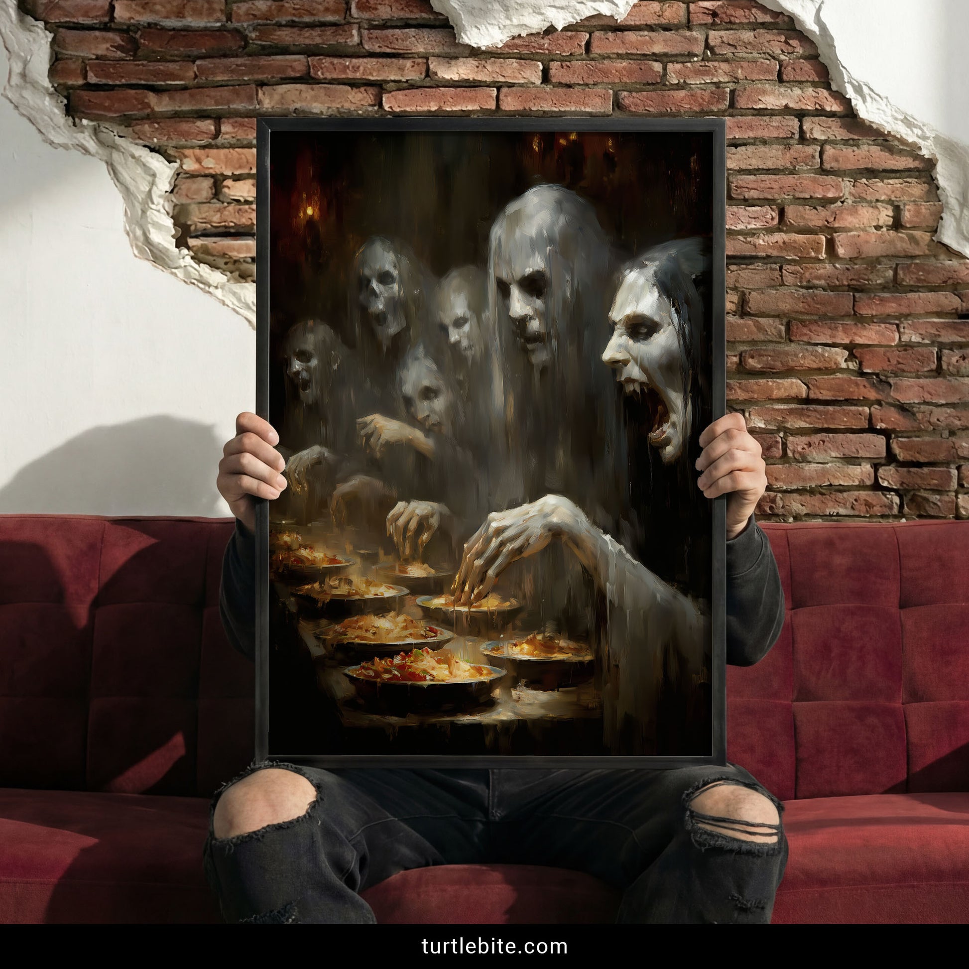 Haunting specter feast print showing translucent phantoms gathered around ethereal dinner in moody horror artwork
