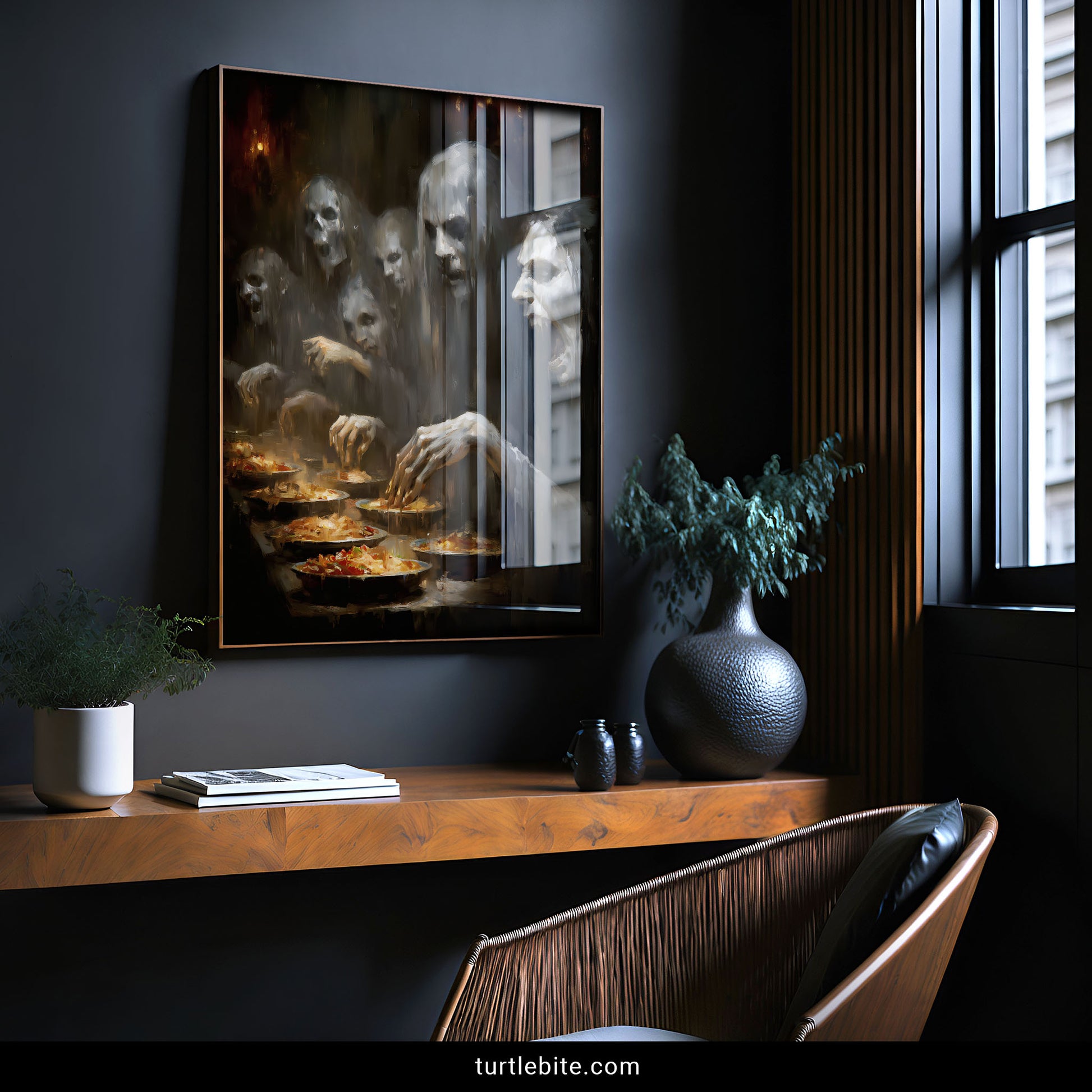 Macabre ghost art depicting supernatural entities at eerie banquet table in painterly dark fantasy style