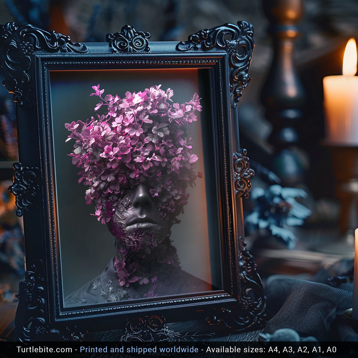 Gothic Elegance: Vibrant Portrait Wall Art with Head Full of Flowers