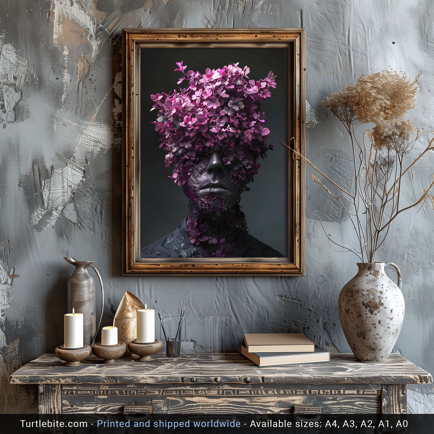 Gothic Elegance: Vibrant Portrait Wall Art with Head Full of Flowers