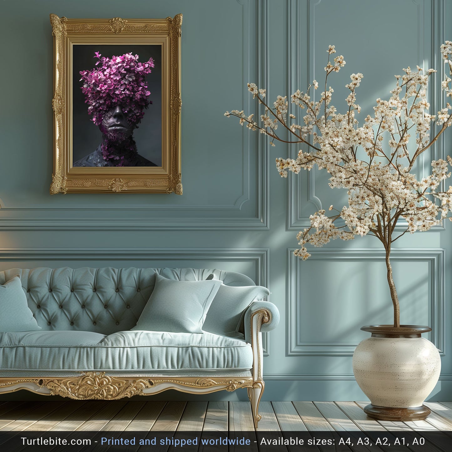 Gothic Elegance: Vibrant Portrait Wall Art with Head Full of Flowers